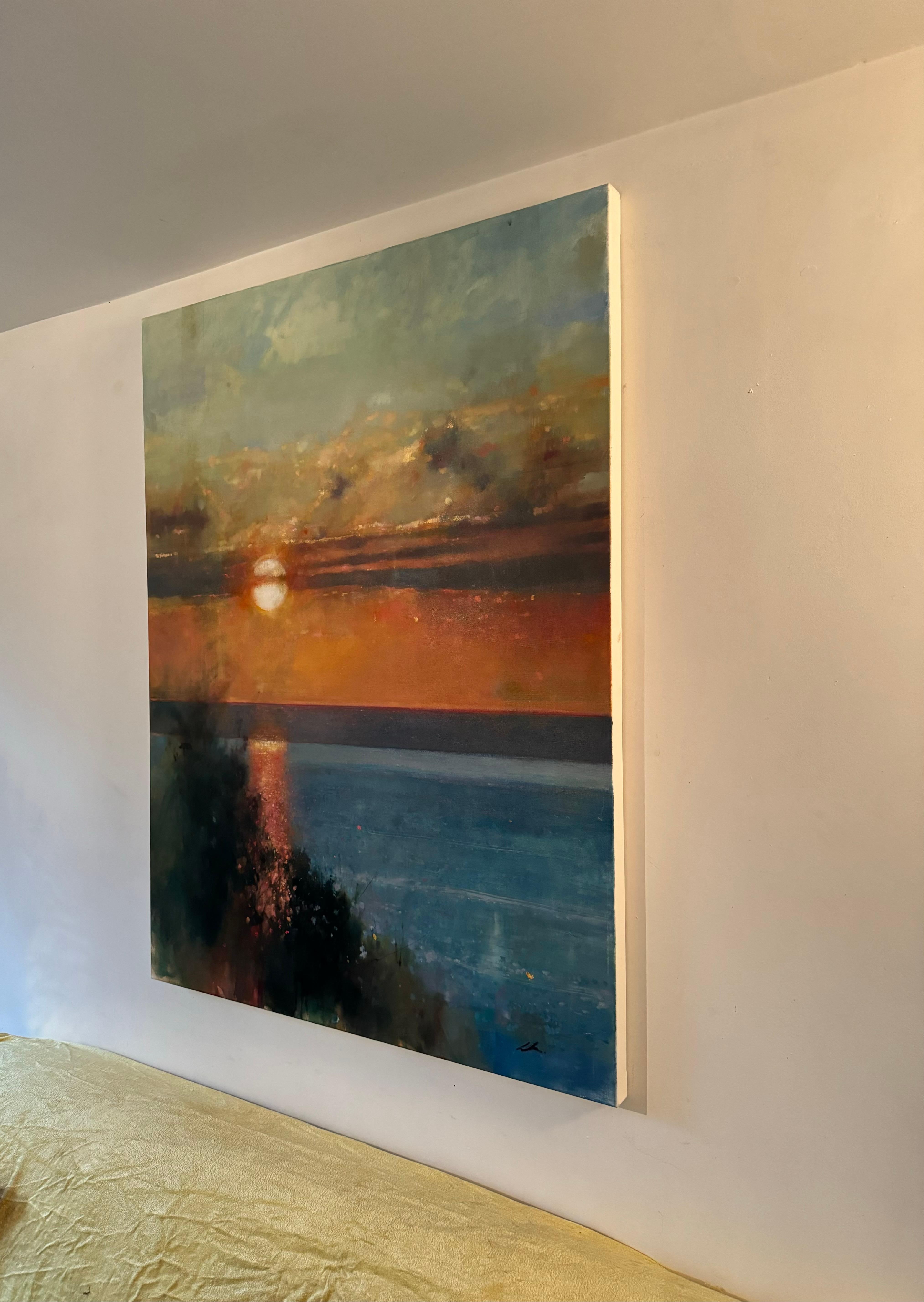 Il s'agit d'un coucher de soleil qui s'est produit à Mortehoe dans le Devon. C'était une vue spectaculaire et je voulais transmettre l'incroyable puissance de notre soleil.

Informations complémentaires :
Peinture à l'huile sur toile
122 H x 92 L x