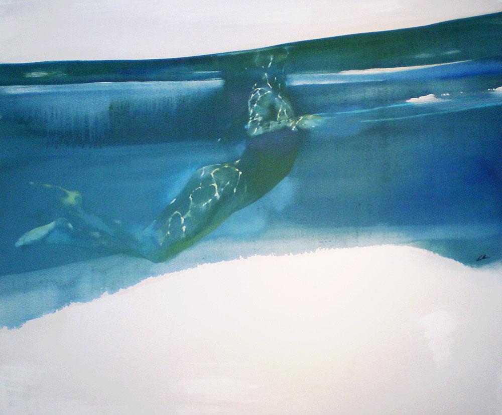Figurative Painting Bill Bate - Surface - peinture à l'huile contemporaine figurative de femme nue sous l'eau en bleu