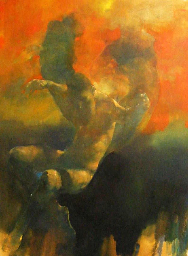 Bill Bate Figurative Painting - Turmoil  -orange and yellow underwater figurative painting oil on canvas