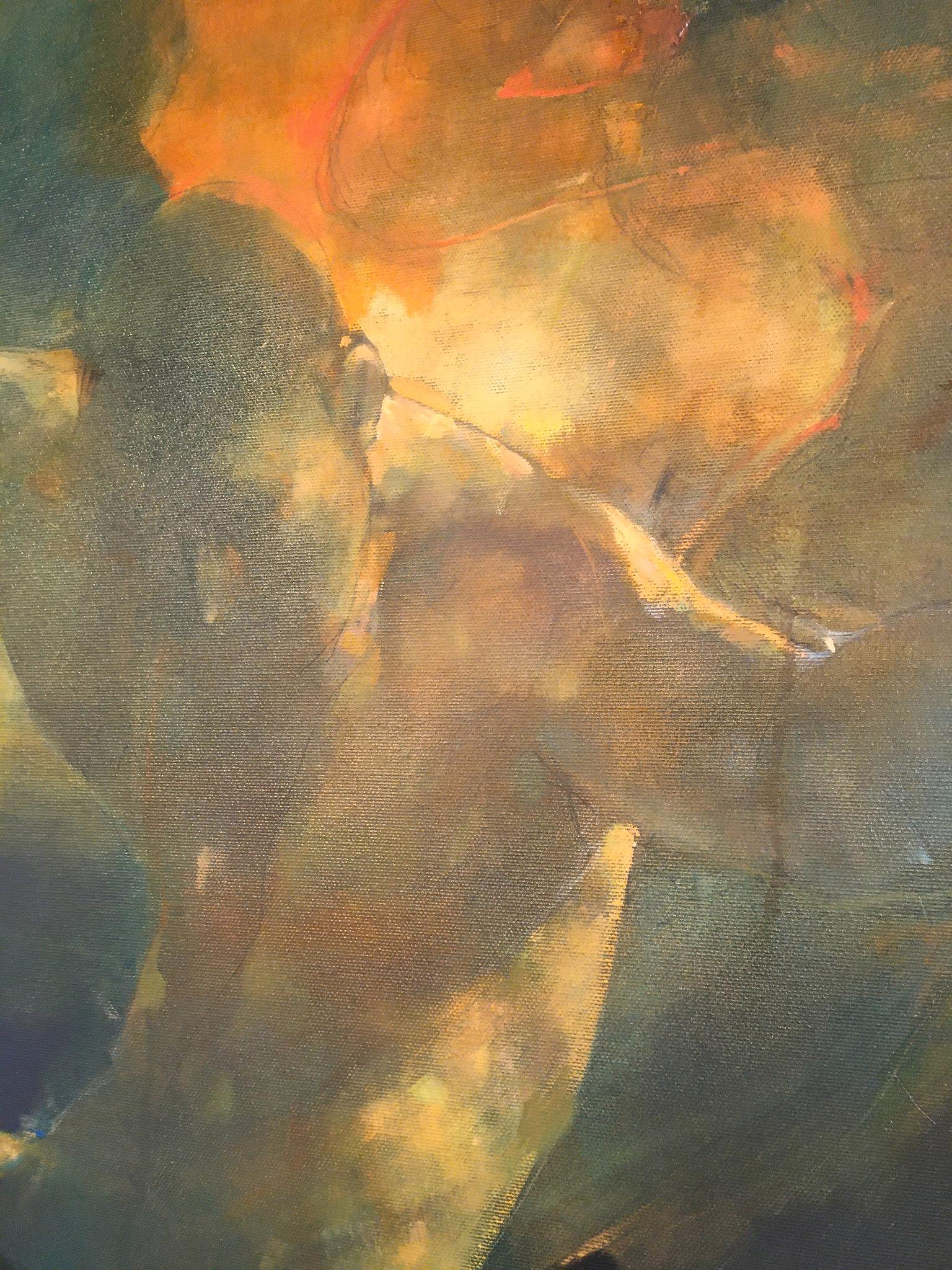 Turmoil  -orange and yellow underwater figurative painting oil on canvas - Painting by Bill Bate