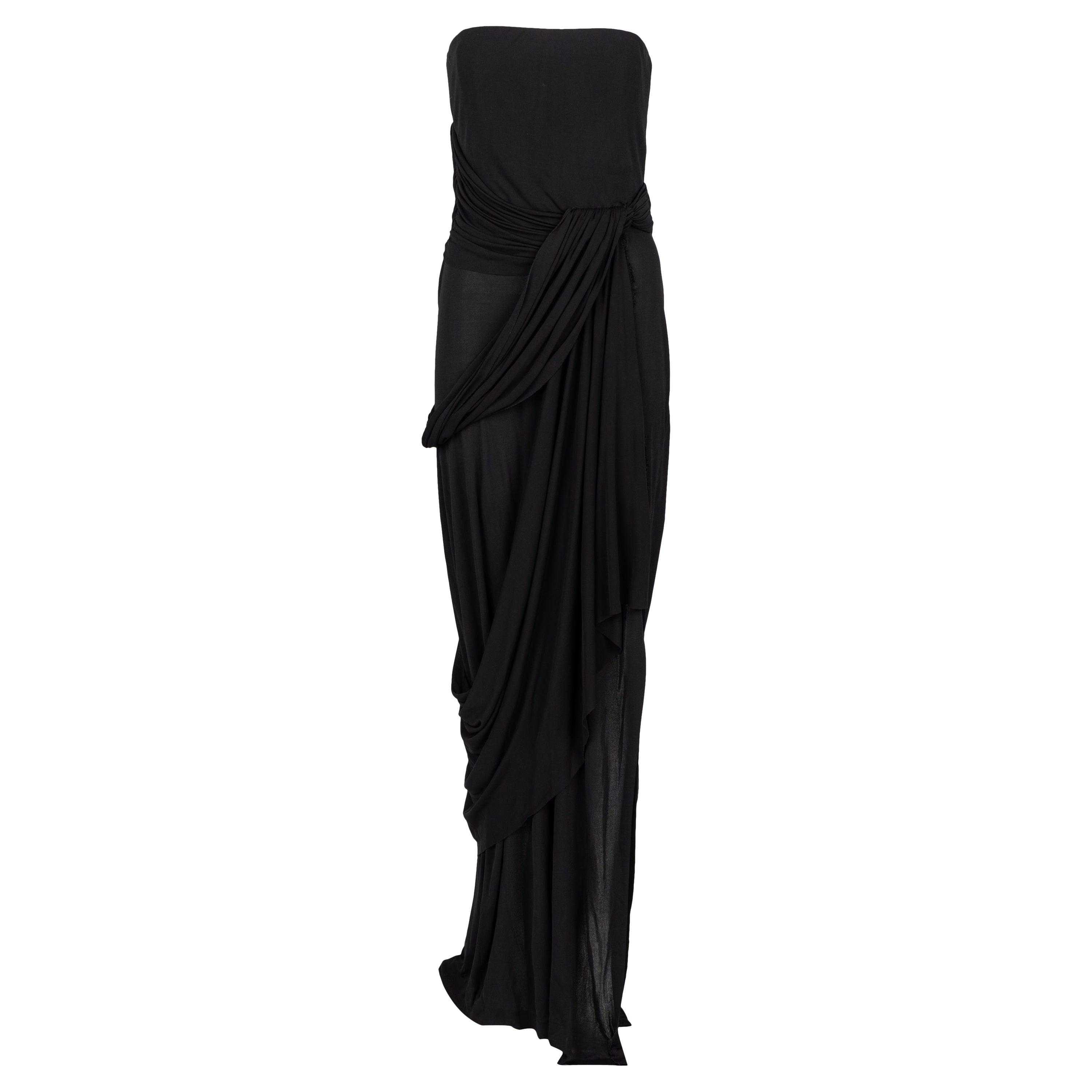 Bill Blass 1970er Schwarzes trägerloses drapiertes Maxikleid