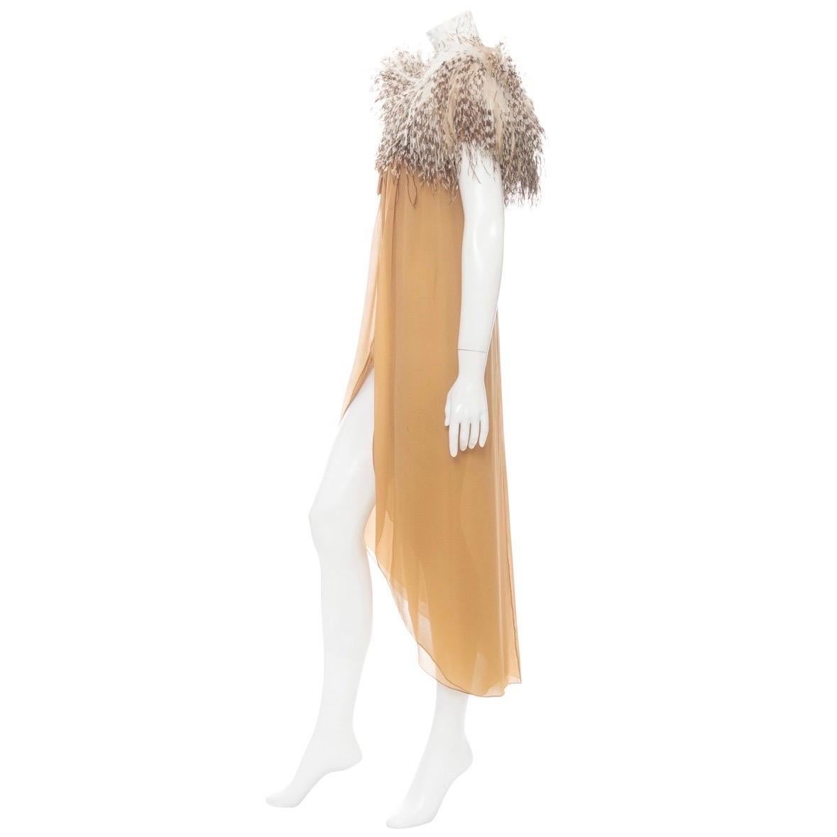 Bill Blass 1979 Beige Silk and Ostrich Feather Slit Evening Dress In Good Condition For Sale In Los Angeles, CA