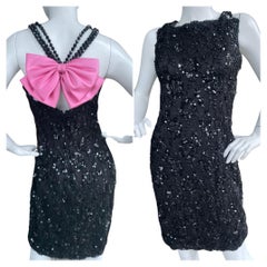 Bill Blass 1980's Black Sequin Cocktail Dress w Glass Jet Bead Straps & Bow Back