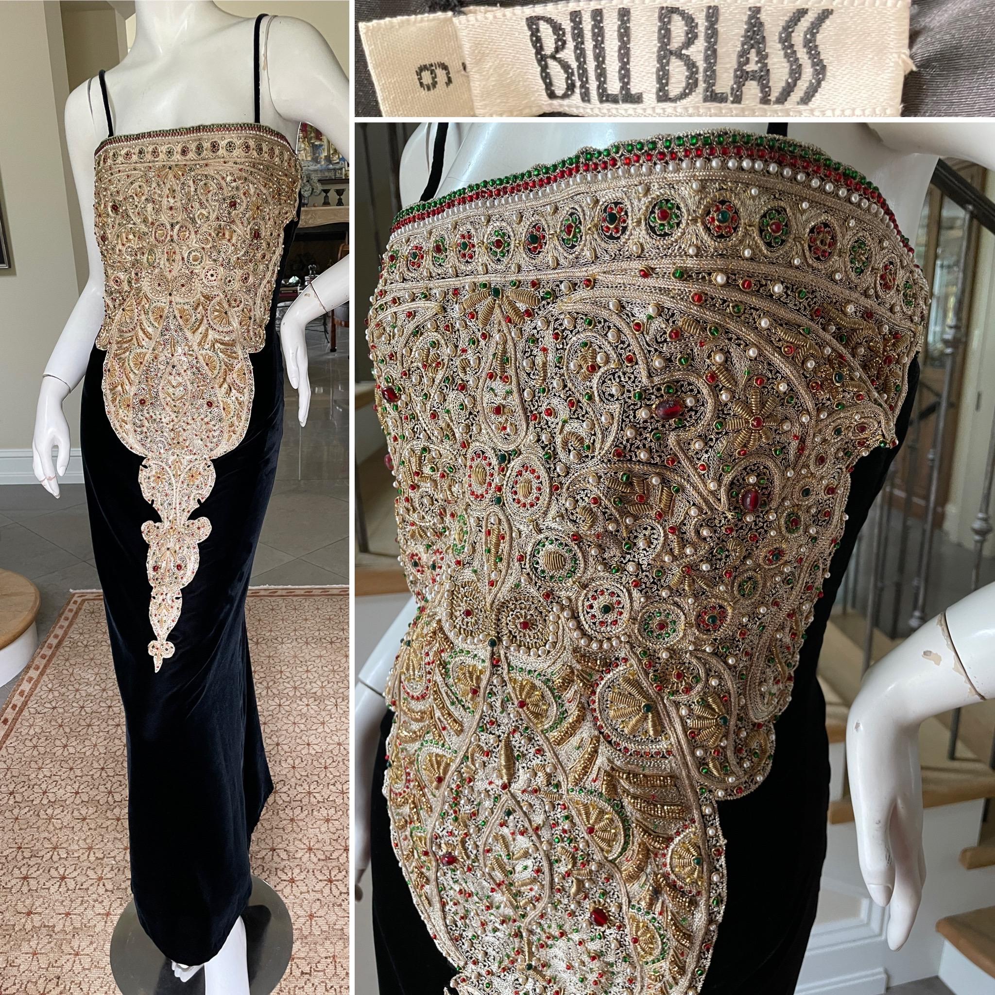 Bill Blass 1980's Black Velvet Dress with Gold and Jewel Embellishments 
So beautiful, much prettier in person.
This is exquisite, please use the zoom feature to see details.
 Size 6
 Bust 34