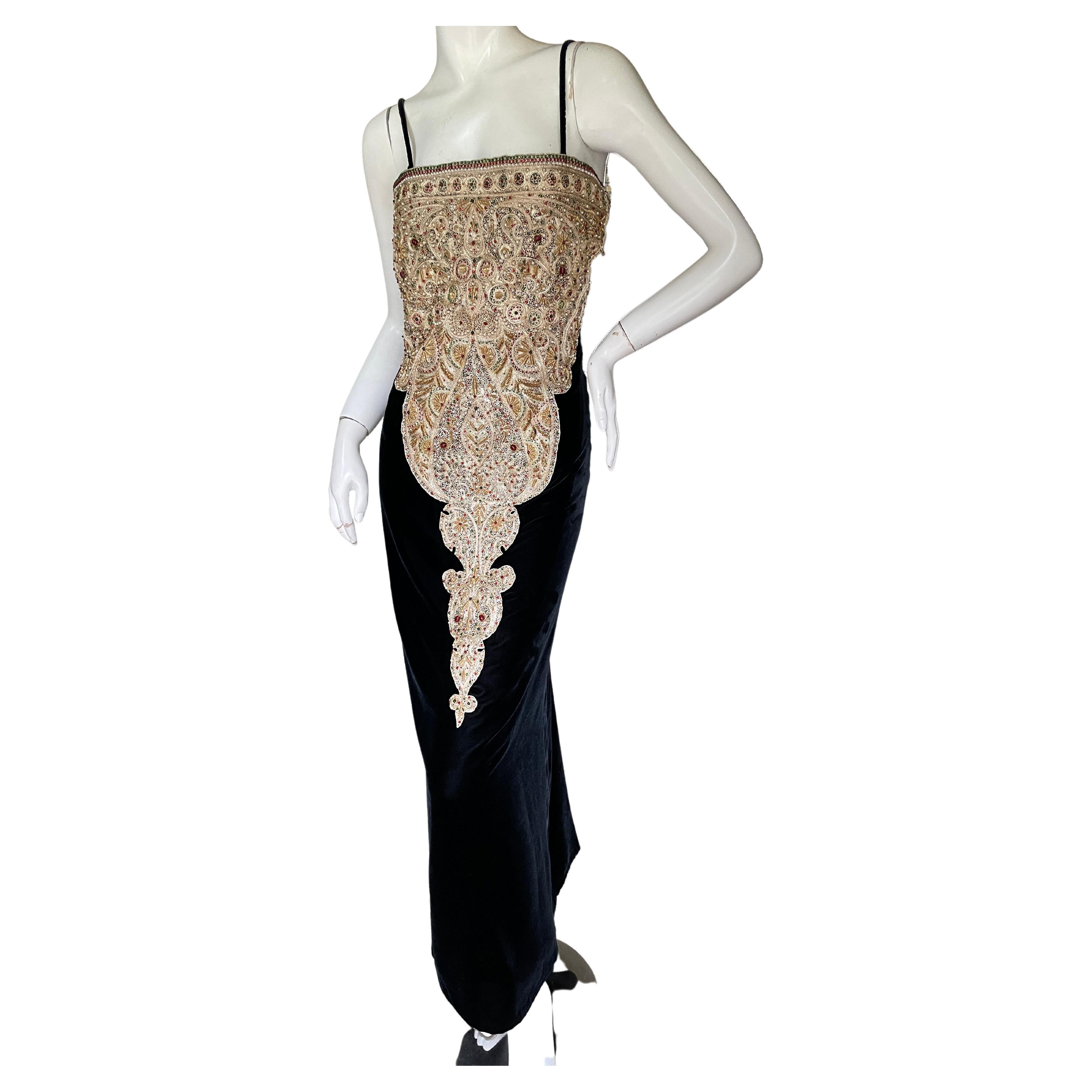 Bill Blass 1980's Black Velvet Dress with Gold and Jewel Embellishments  For Sale