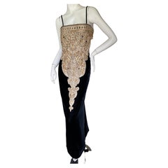 Bill Blass 1980's Black Velvet Dress with Gold and Jewel Embellishments 