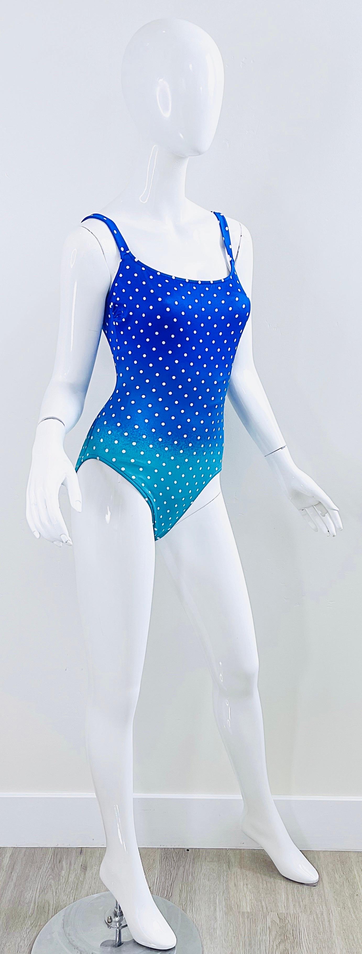 Bill Blass 1980s Blue Turquoise Size 6 Polka Dot One Piece 80s Swimsuit Bodysuit en vente 6