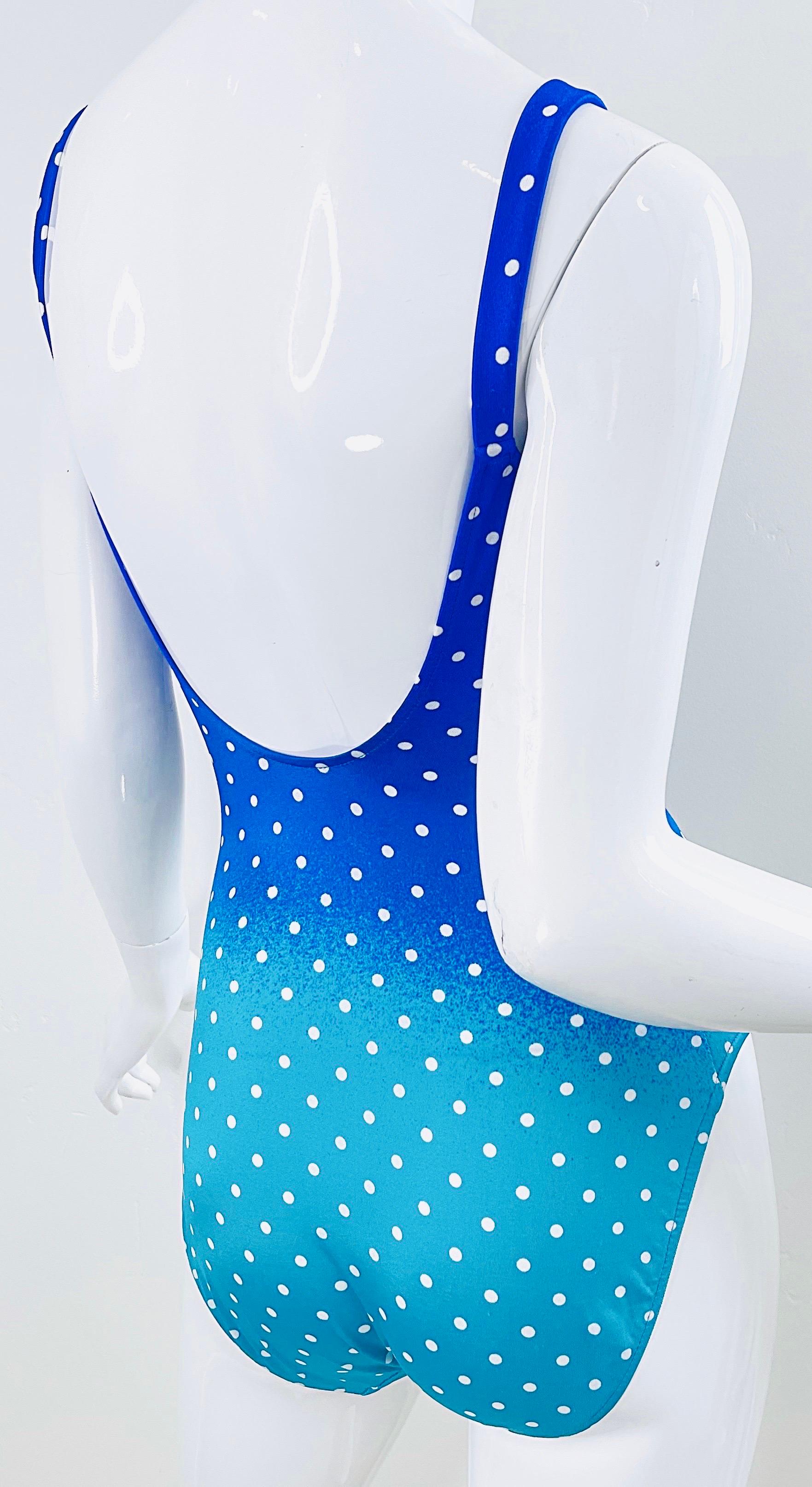 Bill Blass 1980s Blue Turquoise Size 6 Polka Dot One Piece 80s Swimsuit Bodysuit en vente 7