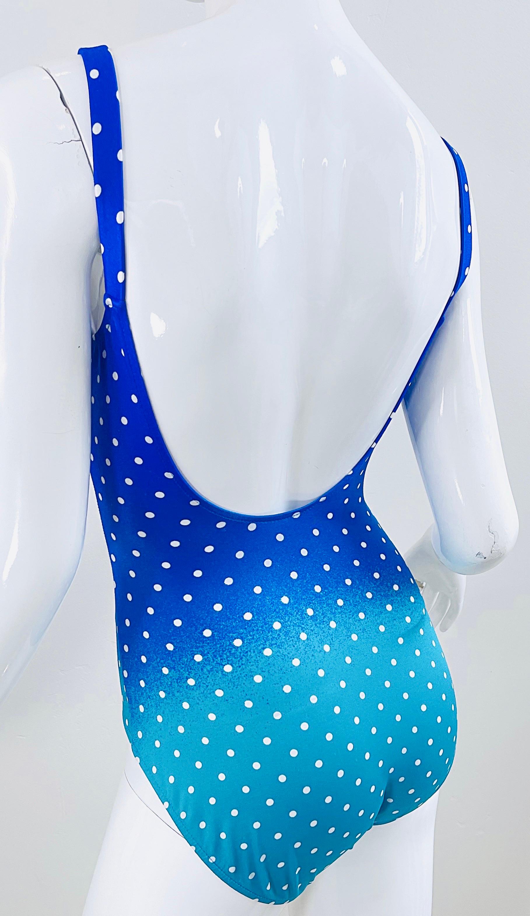 Bill Blass 1980s Blue Turquoise Size 6 Polka Dot One Piece 80s Swimsuit Bodysuit en vente 9