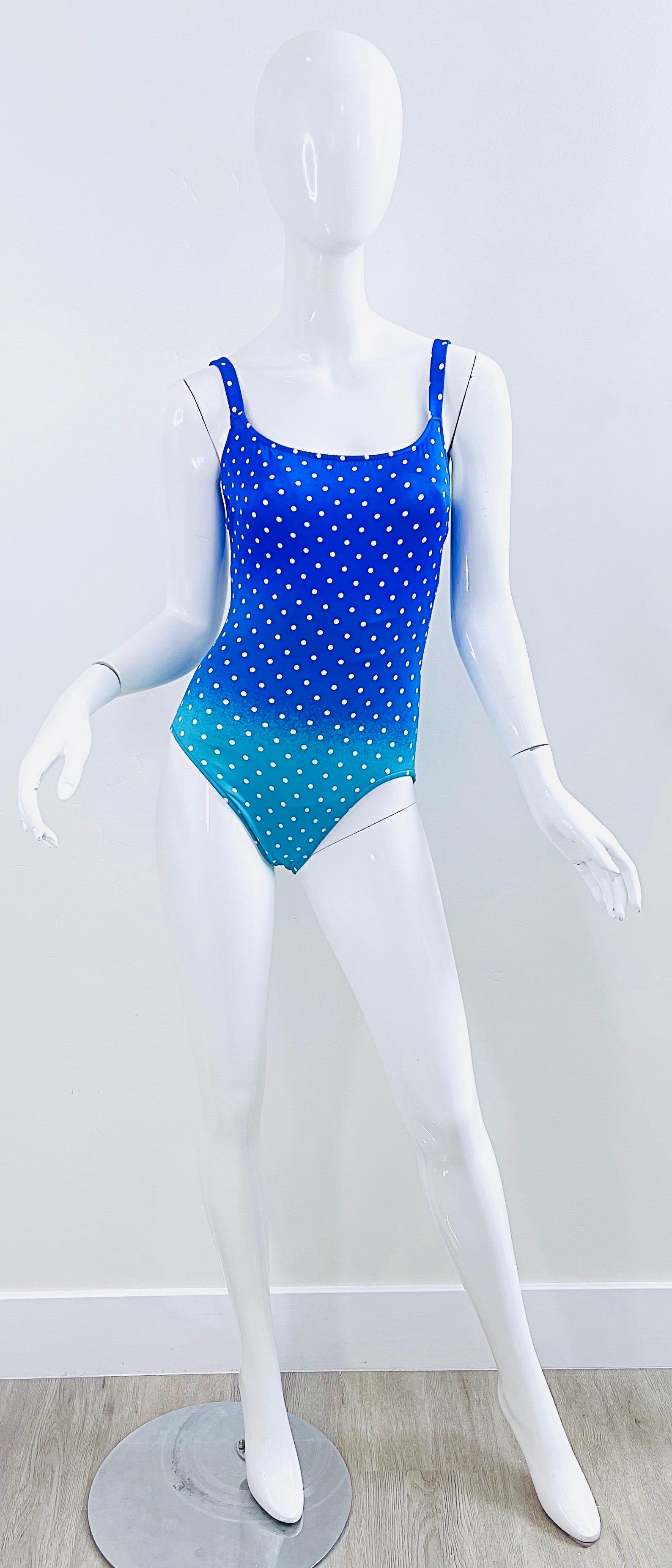 Bill Blass 1980s Blue Turquoise Size 6 Polka Dot One Piece 80s Swimsuit Bodysuit For Sale 9