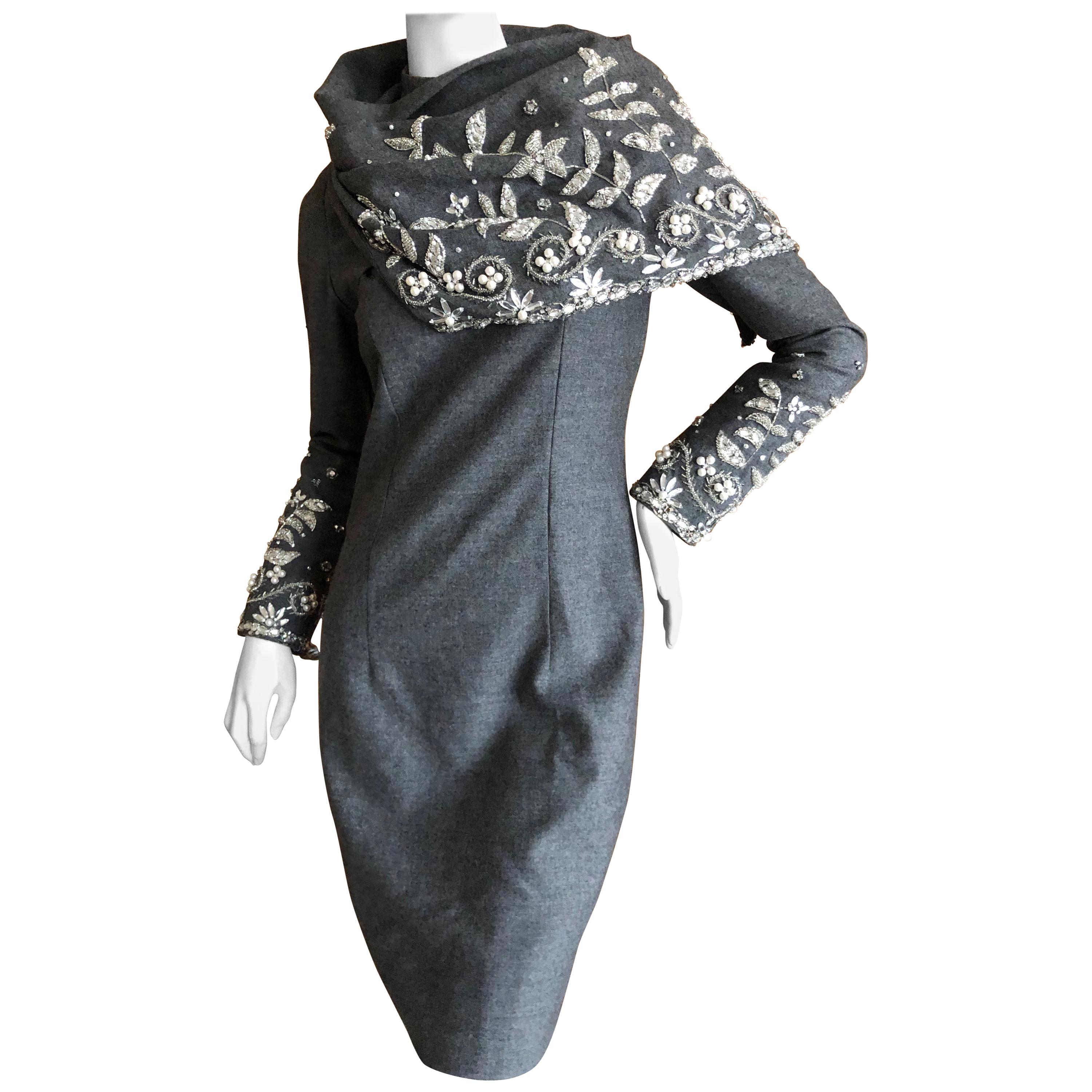 Bill Blass 1980's Gray Cocktail Dress with Crystal & Pearl Embellishments For Sale