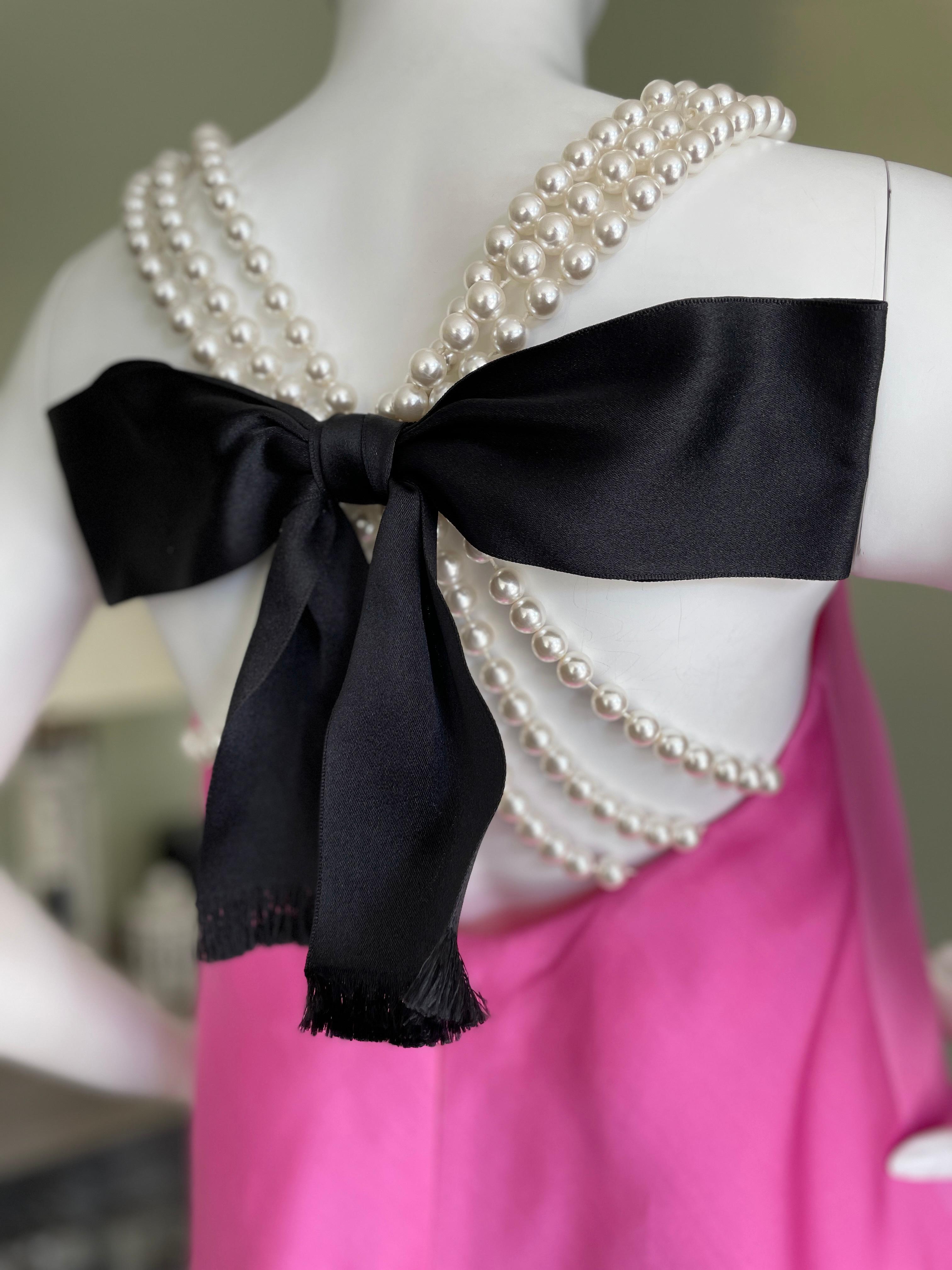 Bill Blass 1980's Pink Silk Party Dress with Pearl Straps and Bow in Back In Excellent Condition For Sale In Cloverdale, CA
