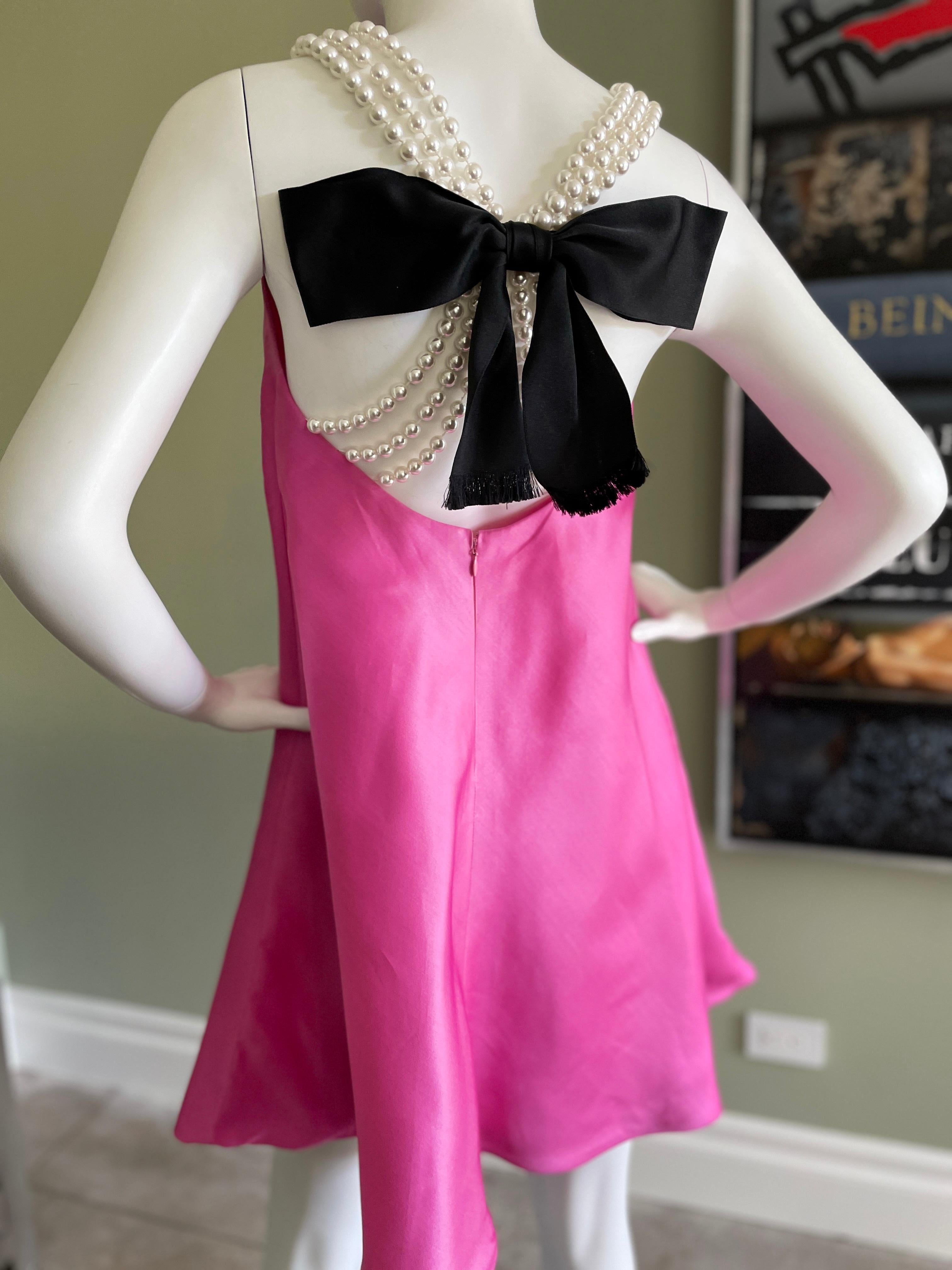 Bill Blass 1980's Pink Silk Party Dress with Pearl Straps and Bow in Back For Sale 3