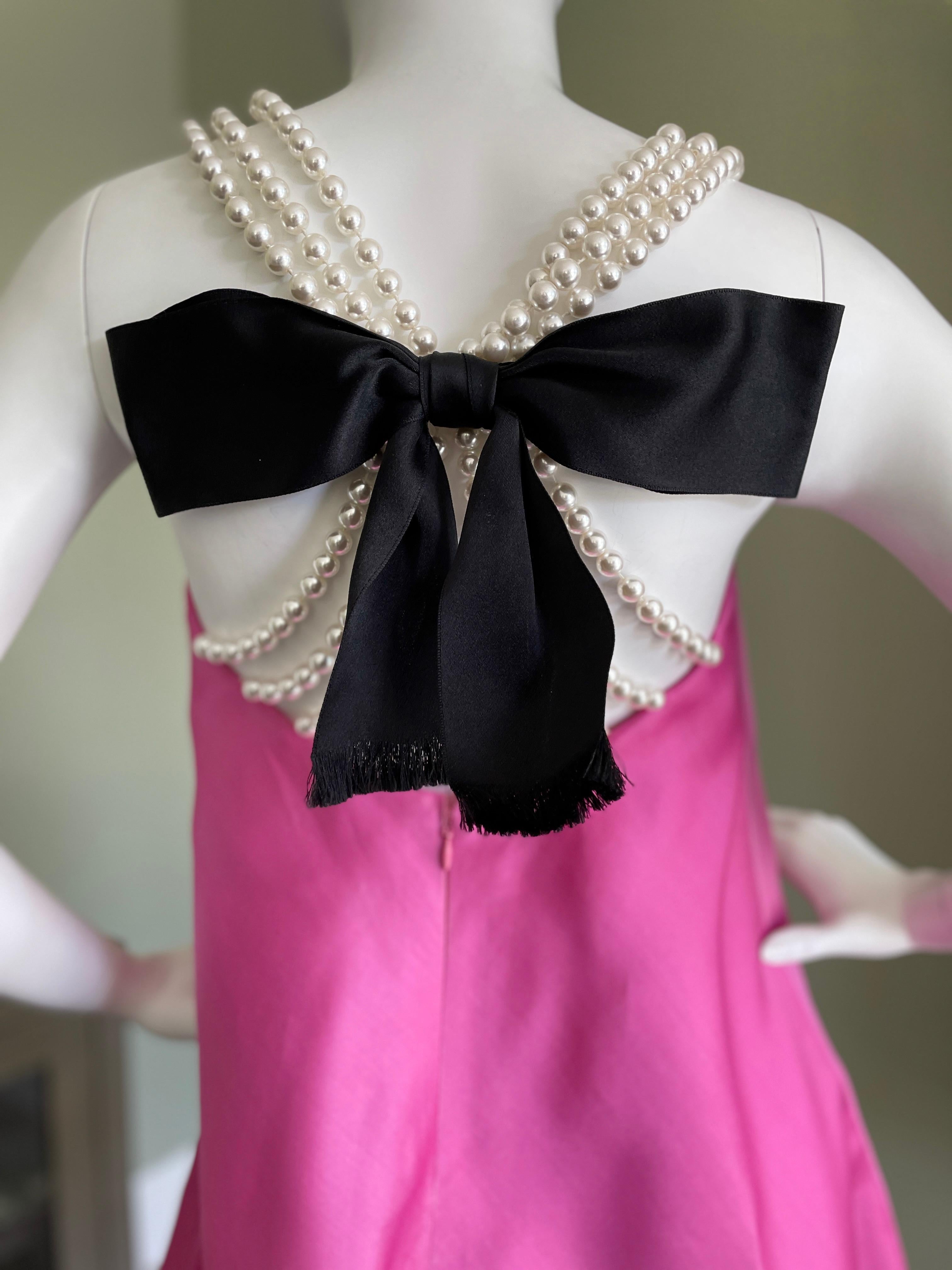 Bill Blass 1980's Pink Silk Party Dress with Pearl Straps and Bow in Back For Sale 4