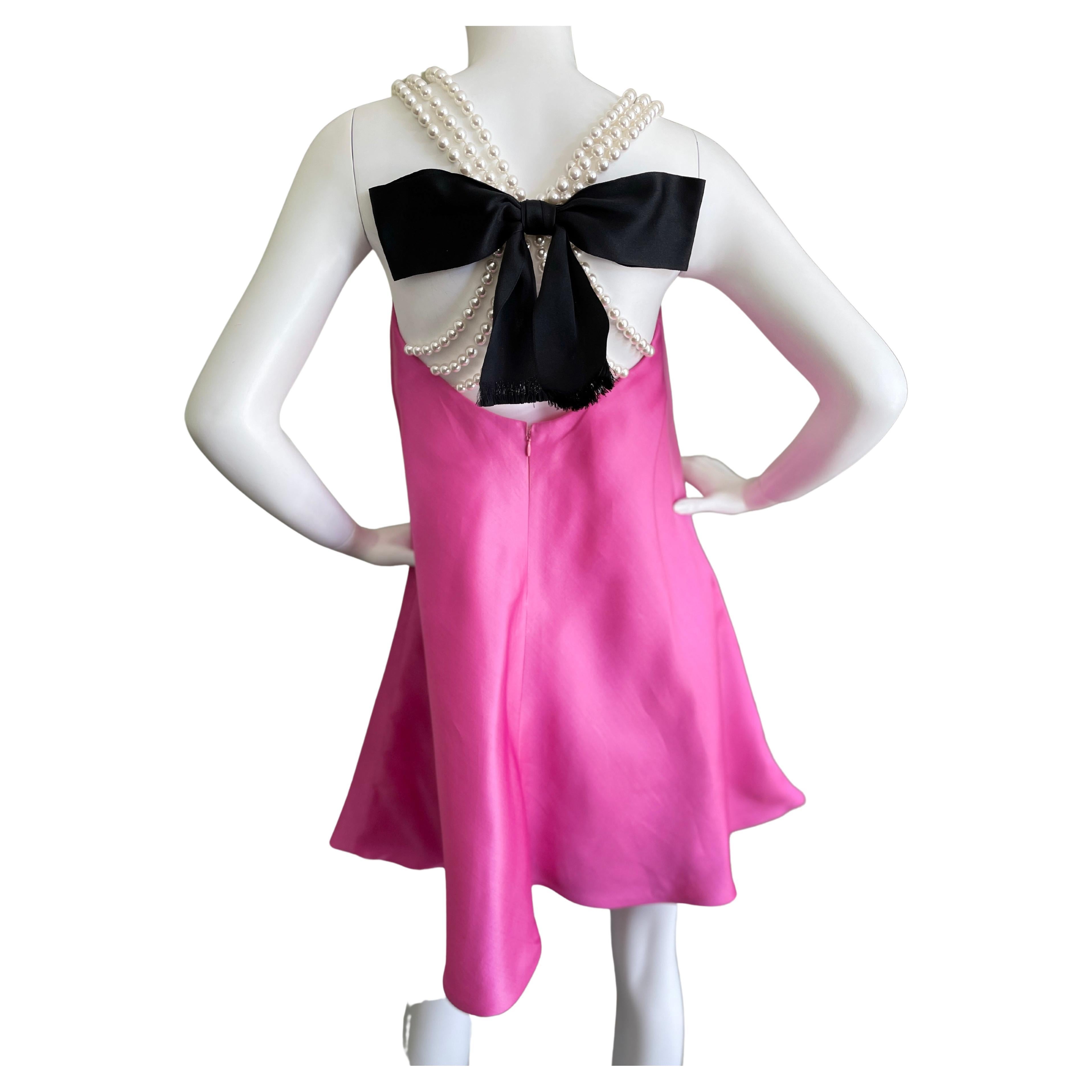 Bill Blass 1980's Pink Silk Party Dress with Pearl Straps and Bow in Back For Sale