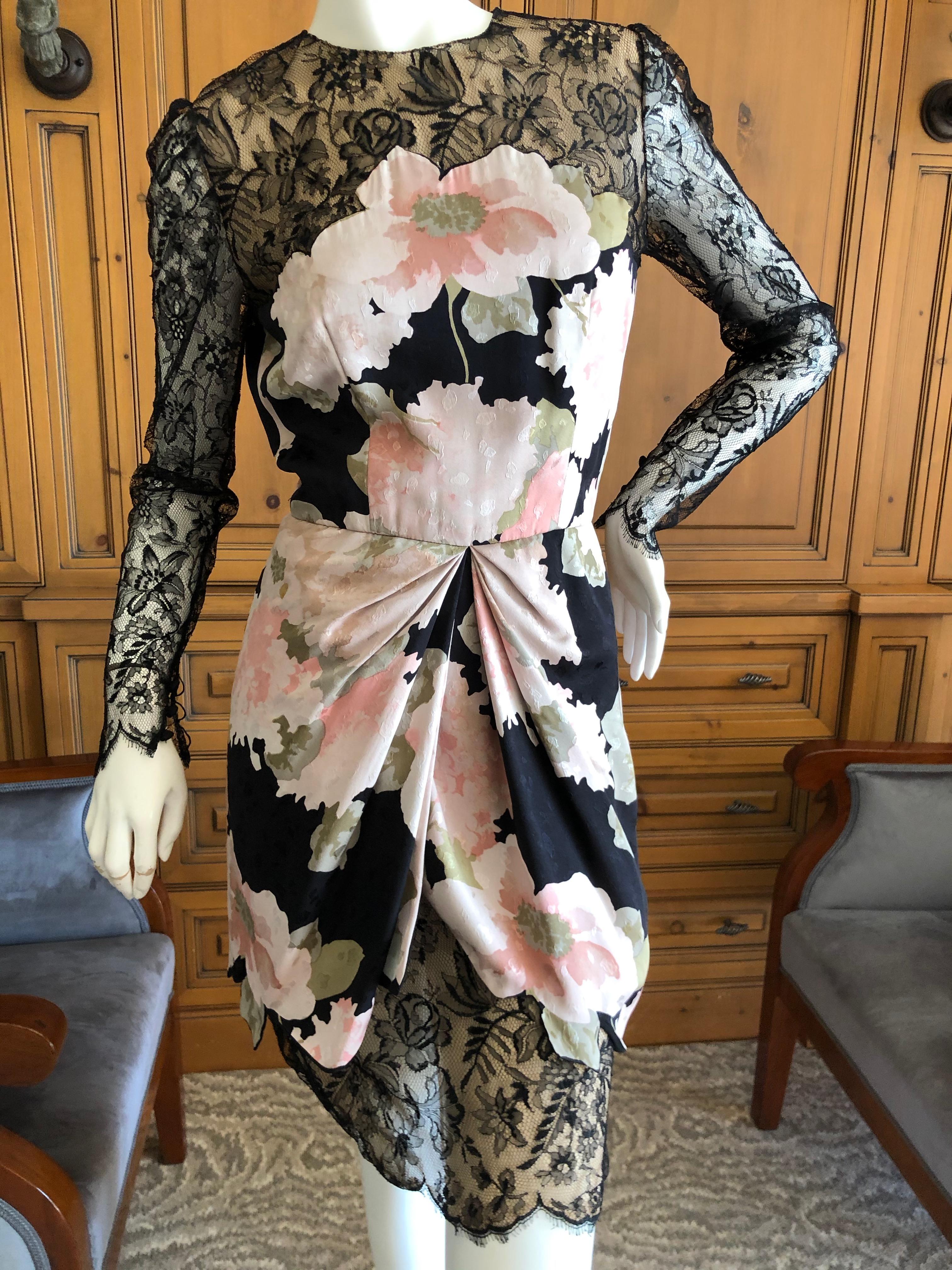 Bill Blass 1980's Silk Floral Dress with Scallop Lace and Bow Silk Belt For Sale 5