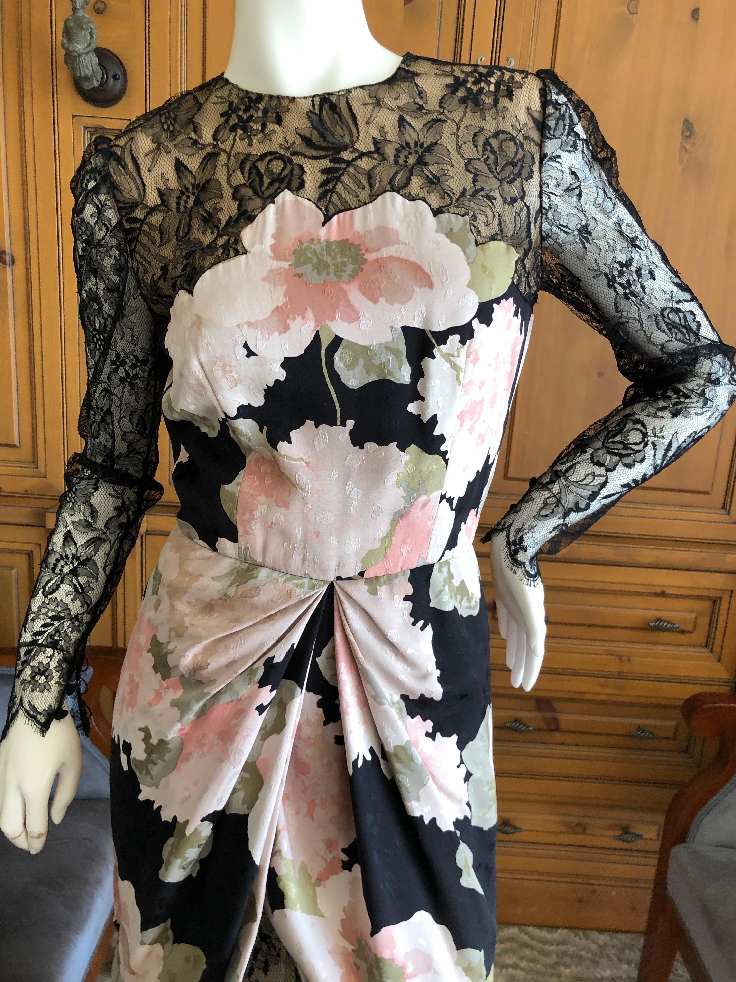 Bill Blass 1980's Silk Floral Dress with Scallop Lace and Bow Silk Belt For Sale 6