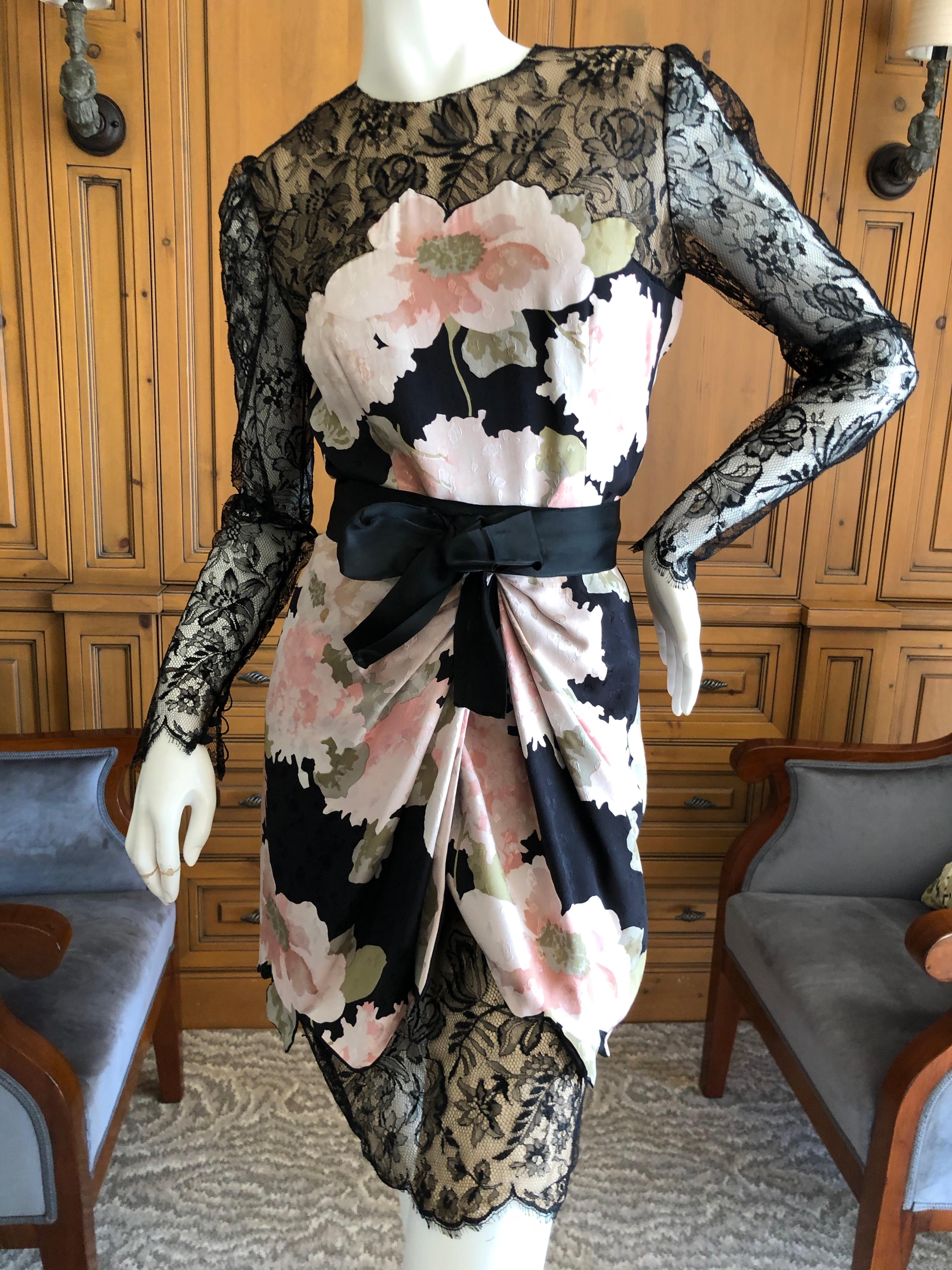 Black Bill Blass 1980's Silk Floral Dress with Scallop Lace and Bow Silk Belt For Sale