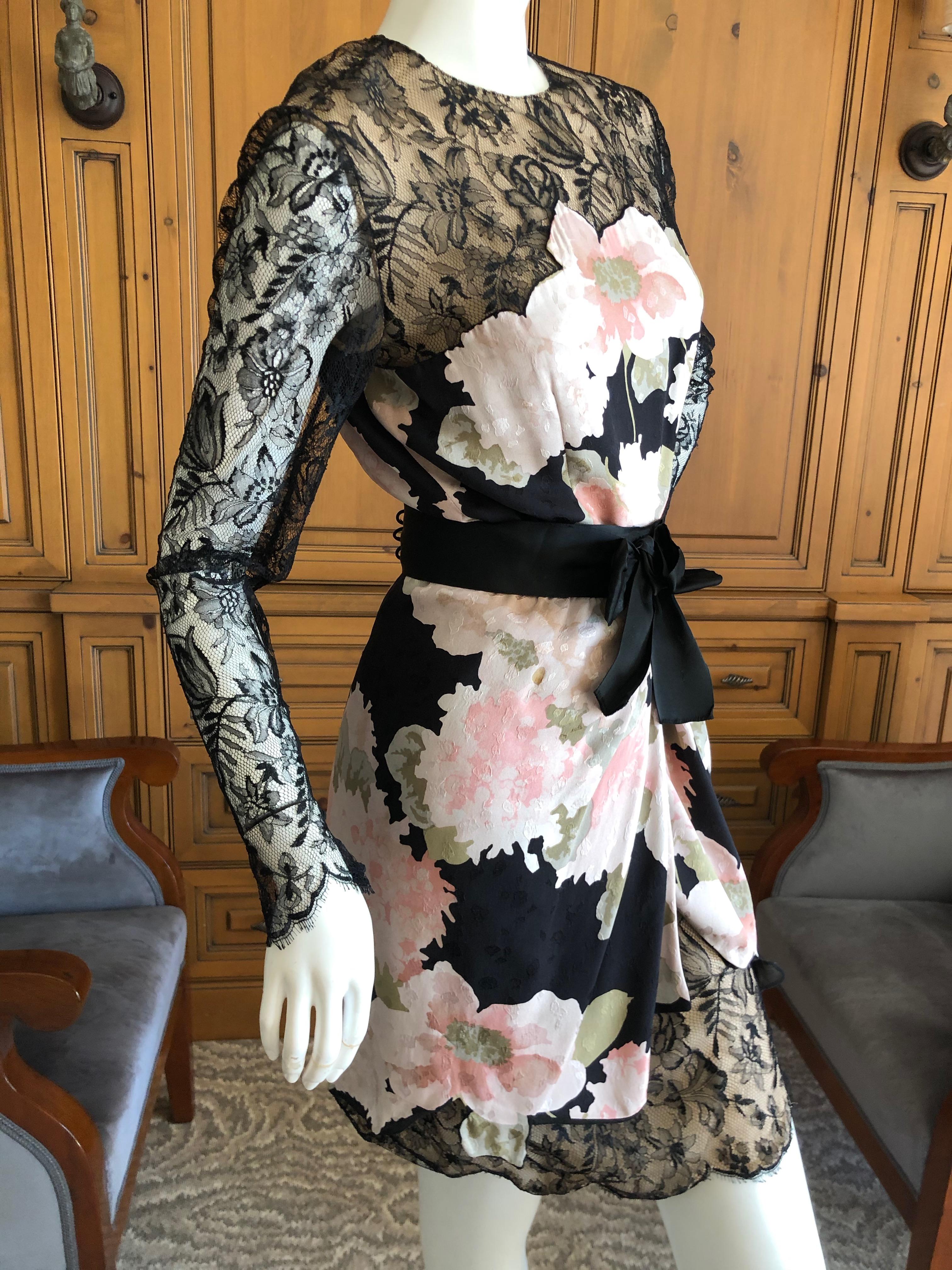 Women's Bill Blass 1980's Silk Floral Dress with Scallop Lace and Bow Silk Belt For Sale