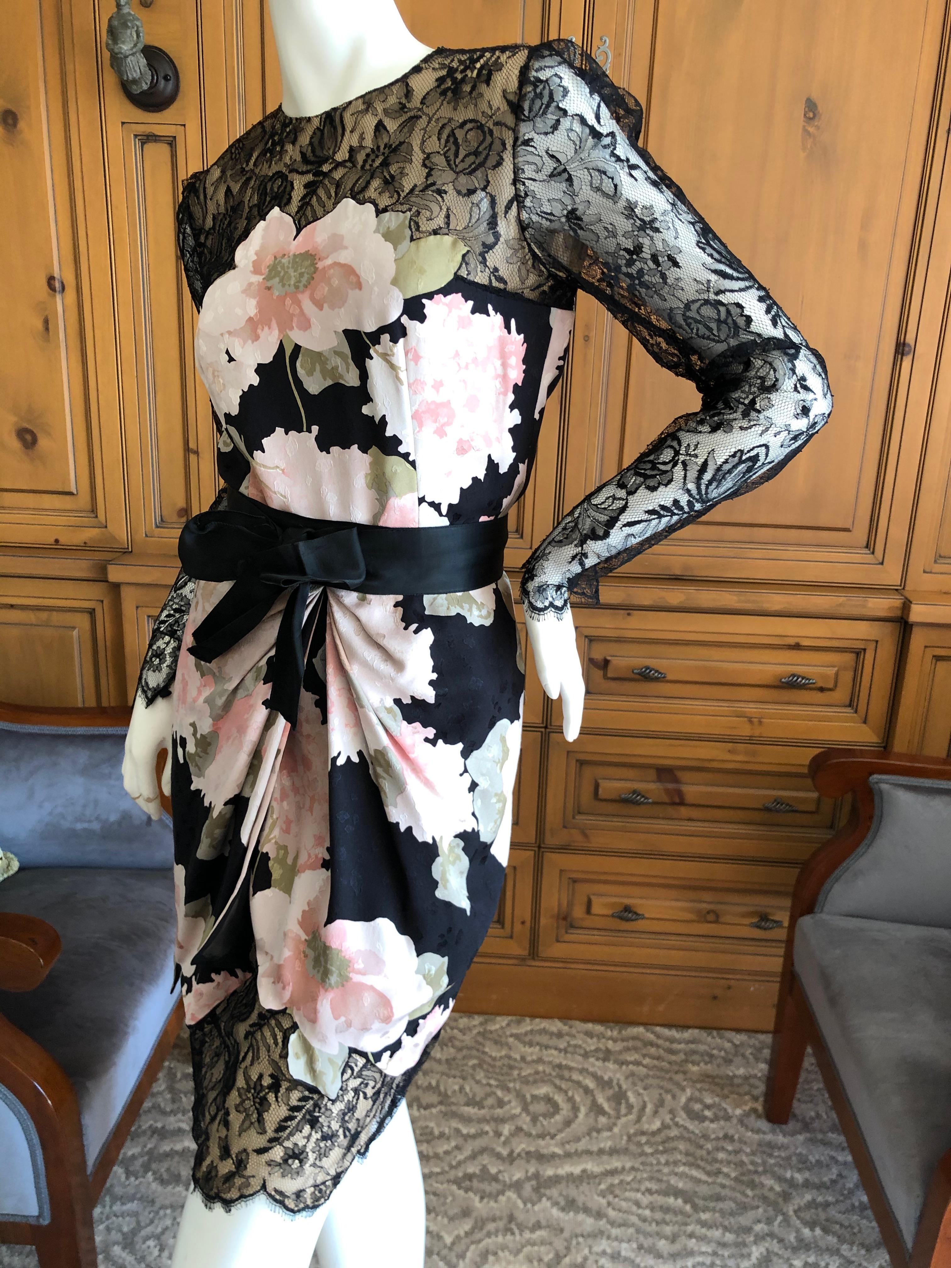 Bill Blass 1980's Silk Floral Dress with Scallop Lace and Bow Silk Belt For Sale 2