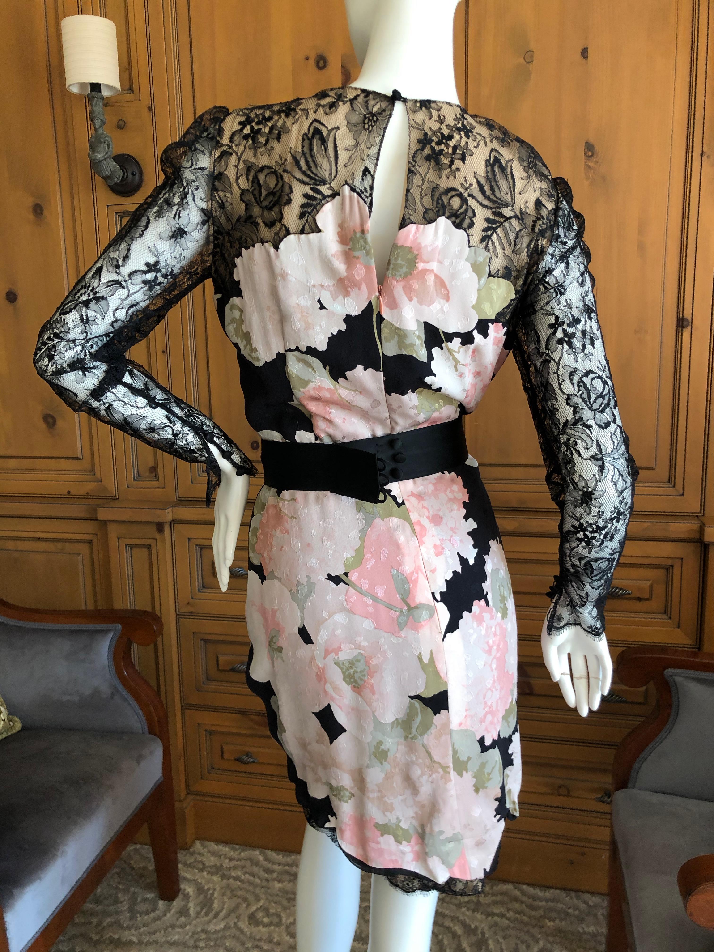 Bill Blass 1980's Silk Floral Dress with Scallop Lace and Bow Silk Belt For Sale 3