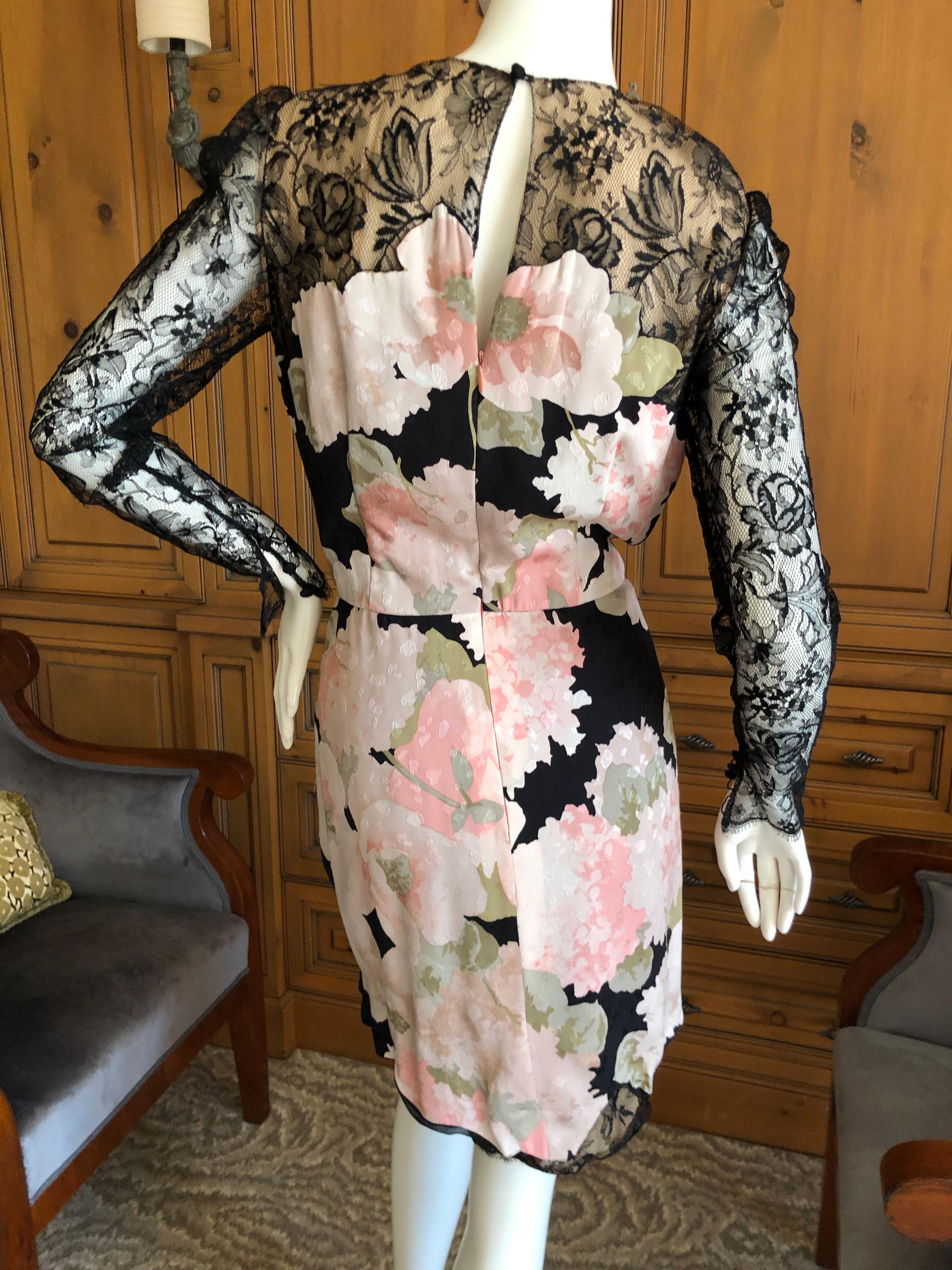 Bill Blass 1980's Silk Floral Dress with Scallop Lace and Bow Silk Belt For Sale 4