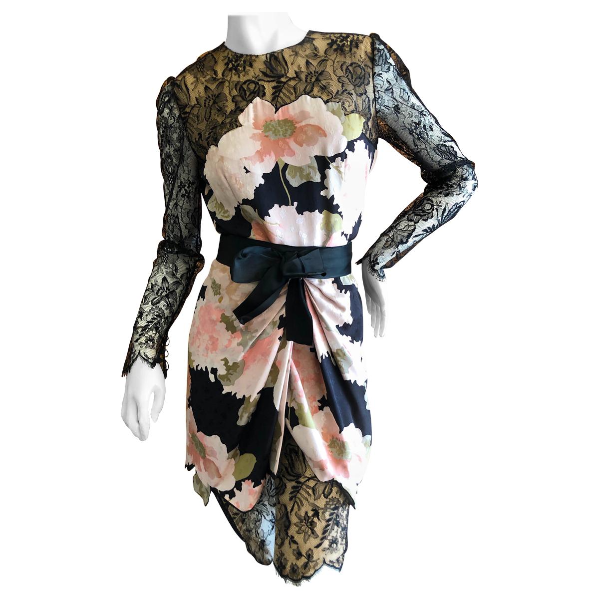 Bill Blass 1980's Silk Floral Dress with Scallop Lace and Bow Silk Belt For Sale