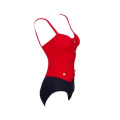 Bill Blass Swimsuit - 1980s Vintage - Red & Navy Lycra - Faux Pockets + Buttons