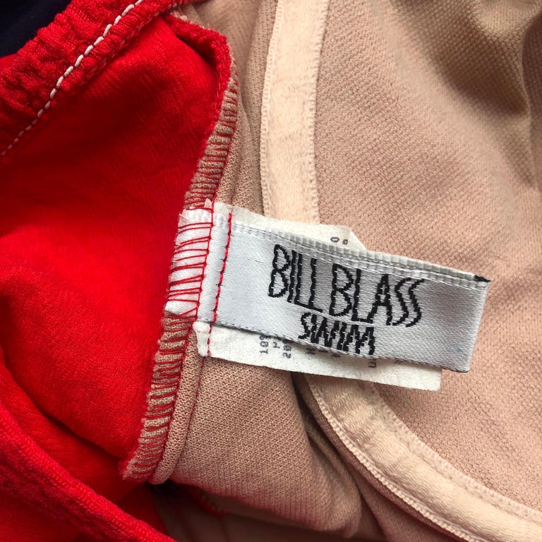 Women's Bill Blass 1980s Vintage Red & Navy Lycra Faux Pocket Gold Button Swimsuit  For Sale