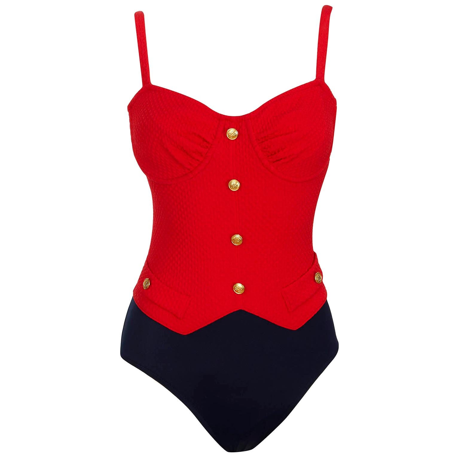 Bill Blass Swimsuit - 1980s Vintage - Red & Navy Lycra - Faux Pockets + Buttons