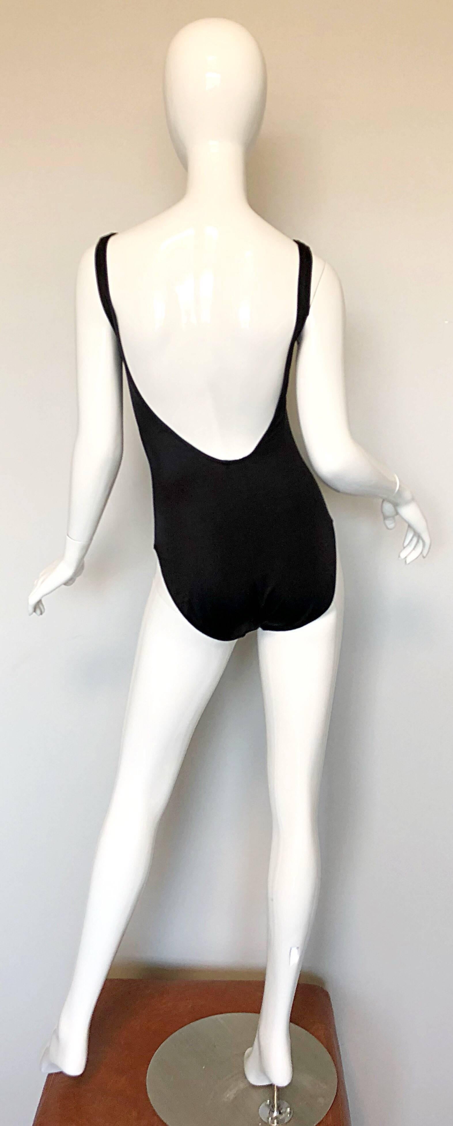 Women's 1990s Bill Blass Black and Gold Seahorse  Print One Piece Swimsuit Bodysuit