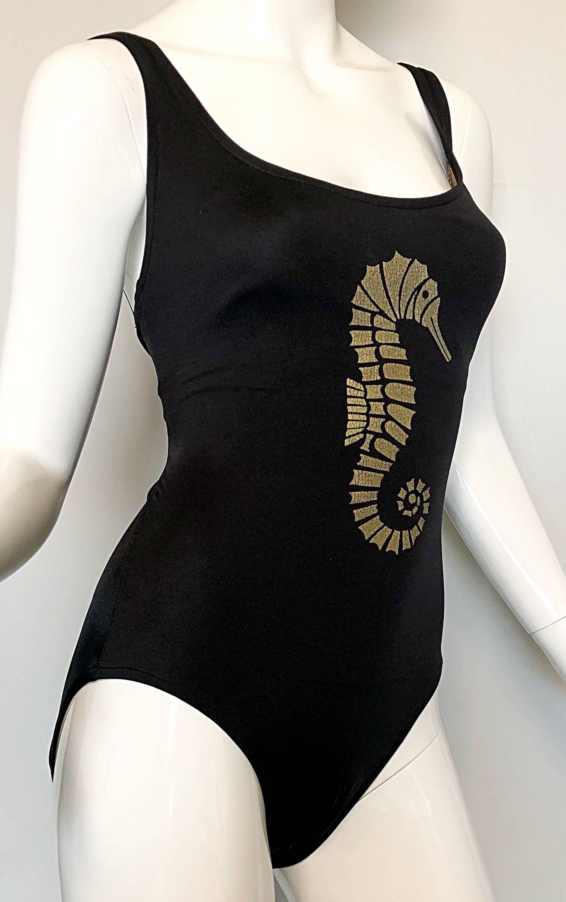 1990s Bill Blass Black and Gold Seahorse  Print One Piece Swimsuit Bodysuit 1