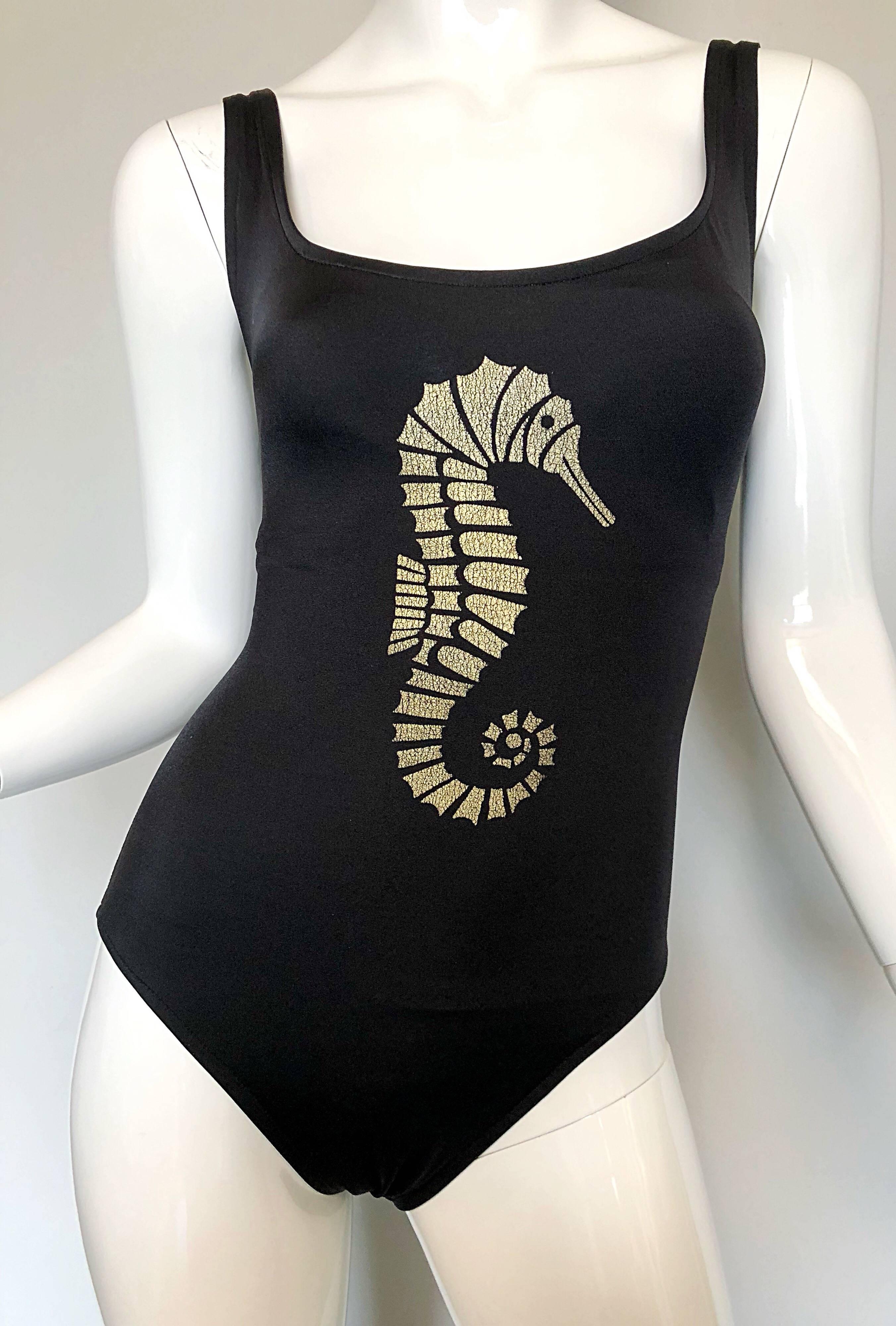 1990s Bill Blass Black and Gold Seahorse  Print One Piece Swimsuit Bodysuit 2