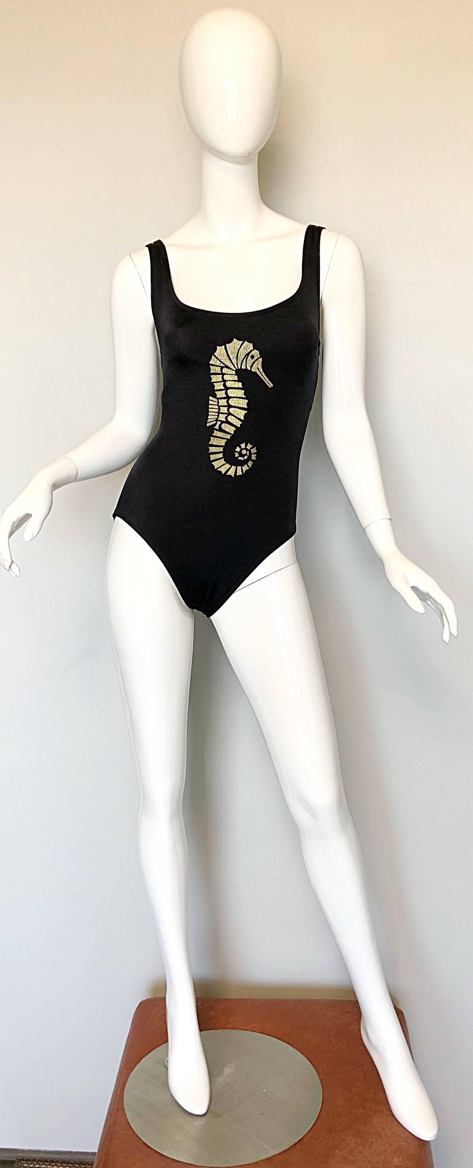 1990s Bill Blass Black and Gold Seahorse  Print One Piece Swimsuit Bodysuit 5