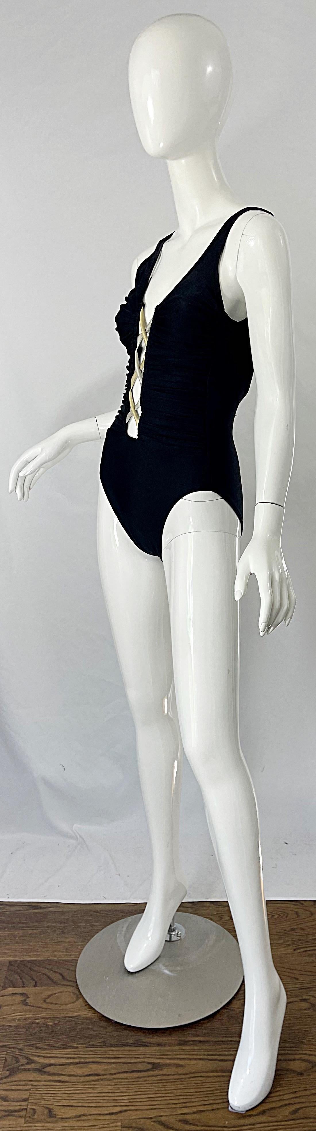 Women's Bill Blass 1990s Black Sexy Cut Out Size 6 / 8 One Piece 90s Swimsuit Bodysuit For Sale