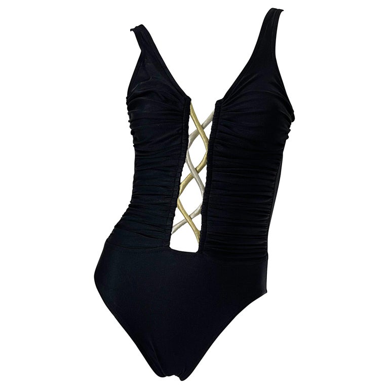 Body de bain une pièce Bill Blass noir sexy à découpes des années 1990  Taille 6/8 En vente sur 1stDibs