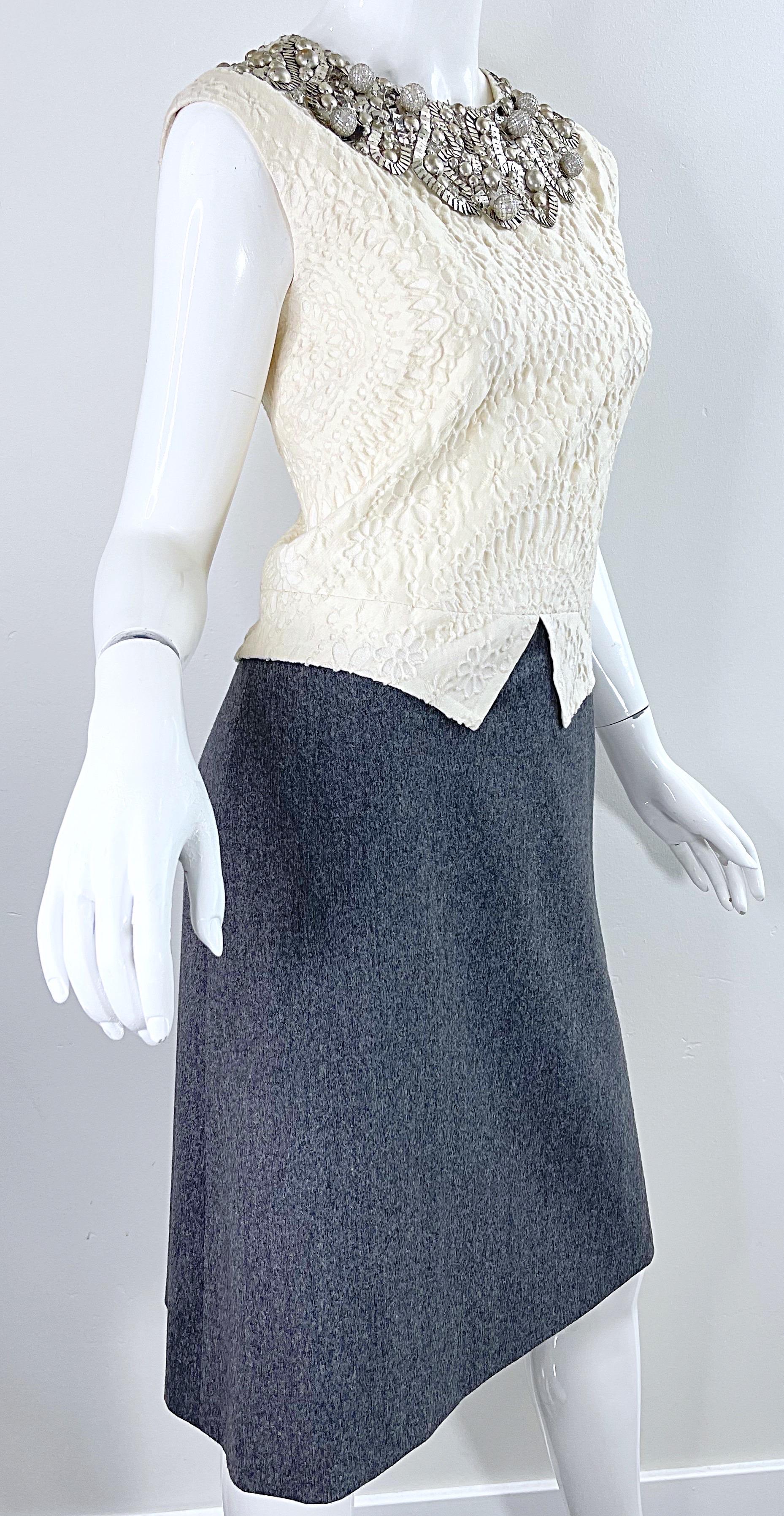 Bill Blass 1990s Does 1960s Size 6 Beaded Silk + Wool A Line Dress + Jacket Set For Sale 5