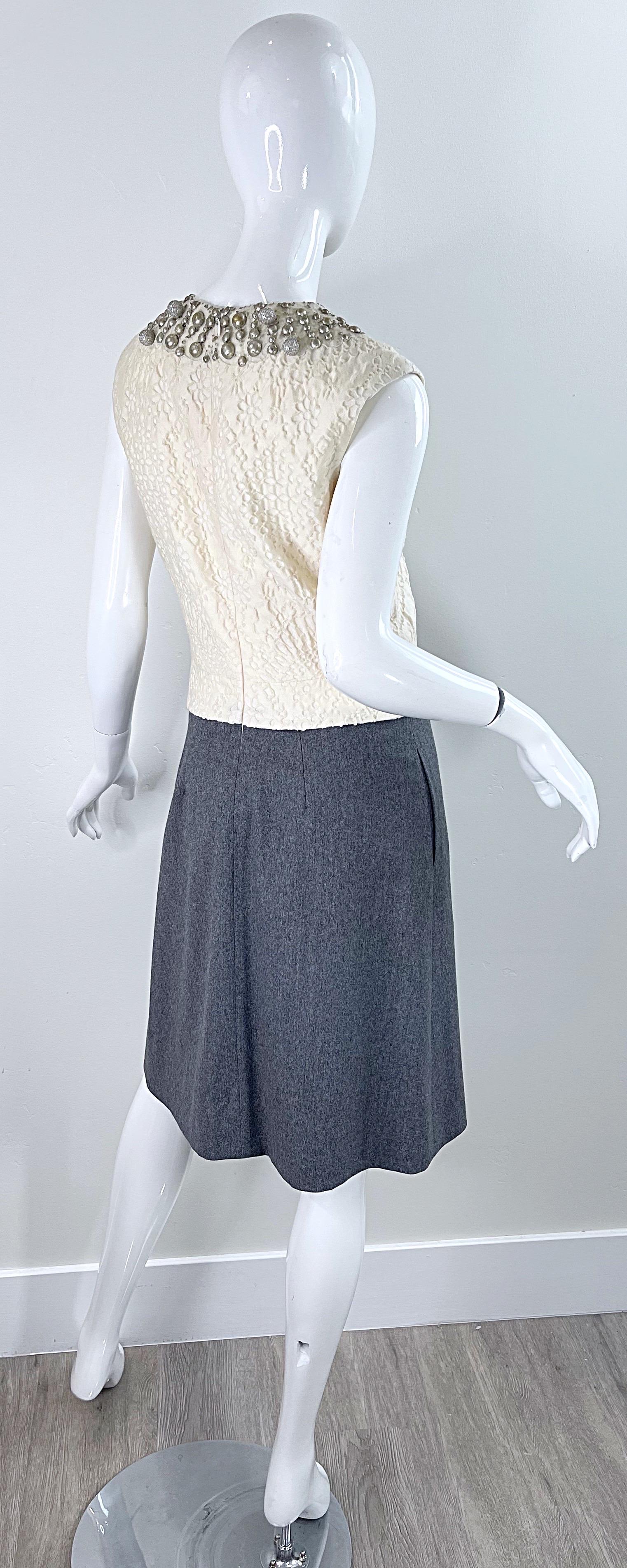 Bill Blass 1990s Does 1960s Size 6 Beaded Silk + Wool A Line Dress + Jacket Set For Sale 7
