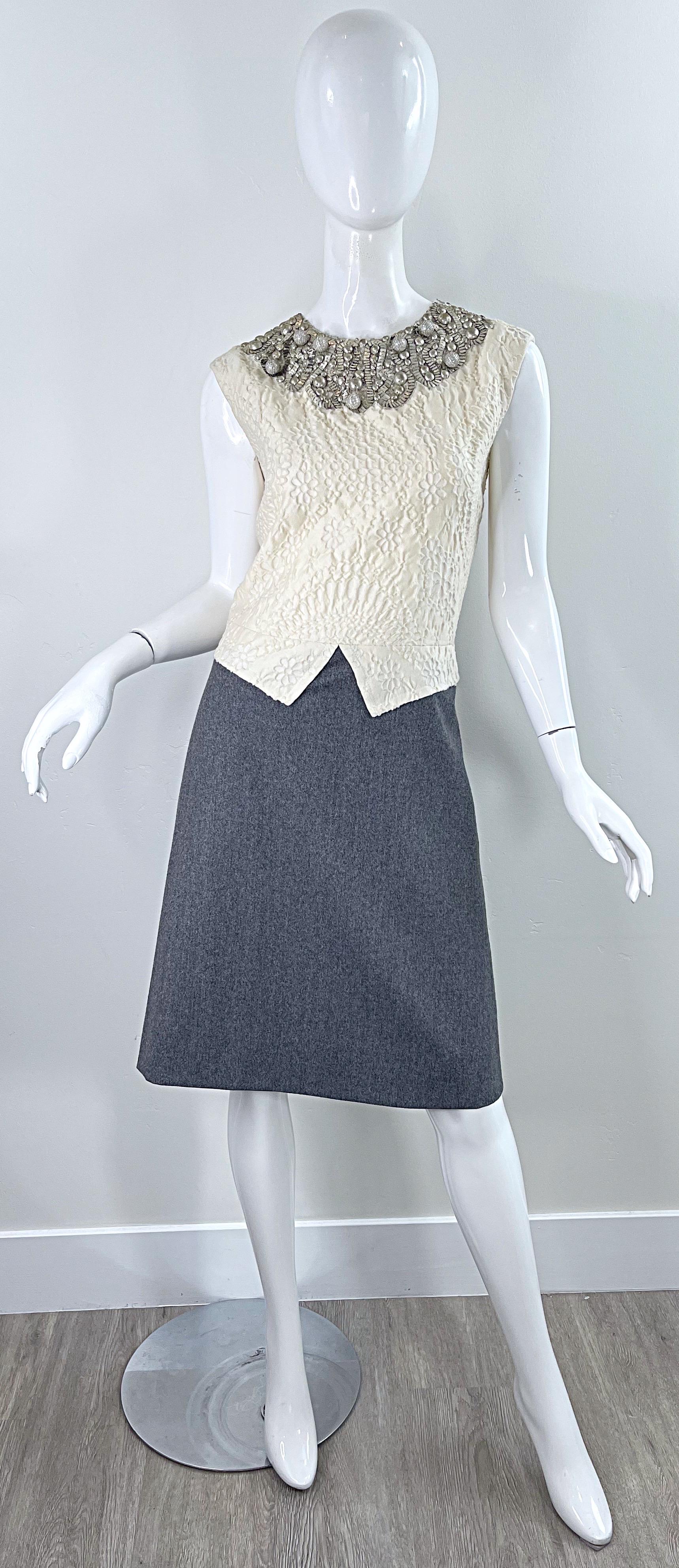 Bill Blass 1990s Does 1960s Size 6 Beaded Silk + Wool A Line Dress + Jacket Set For Sale 8