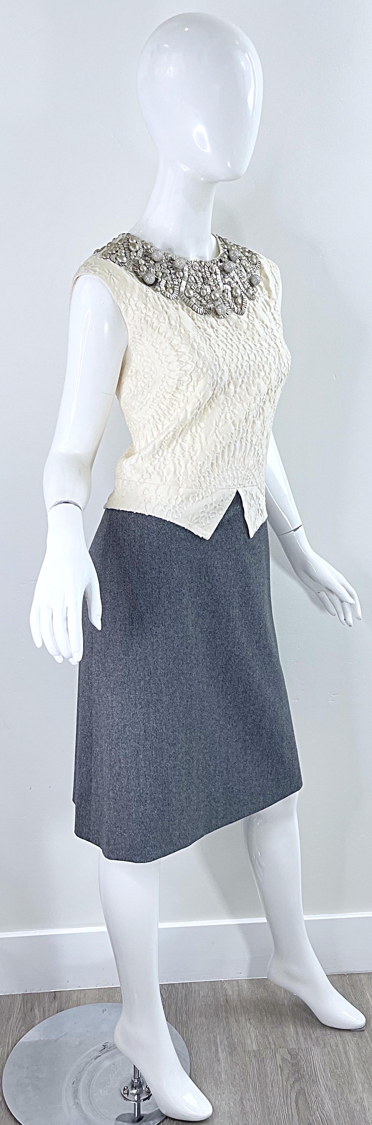 Bill Blass 1990s Does 1960s Size 6 Beaded Silk + Wool A Line Dress + Jacket Set For Sale 10