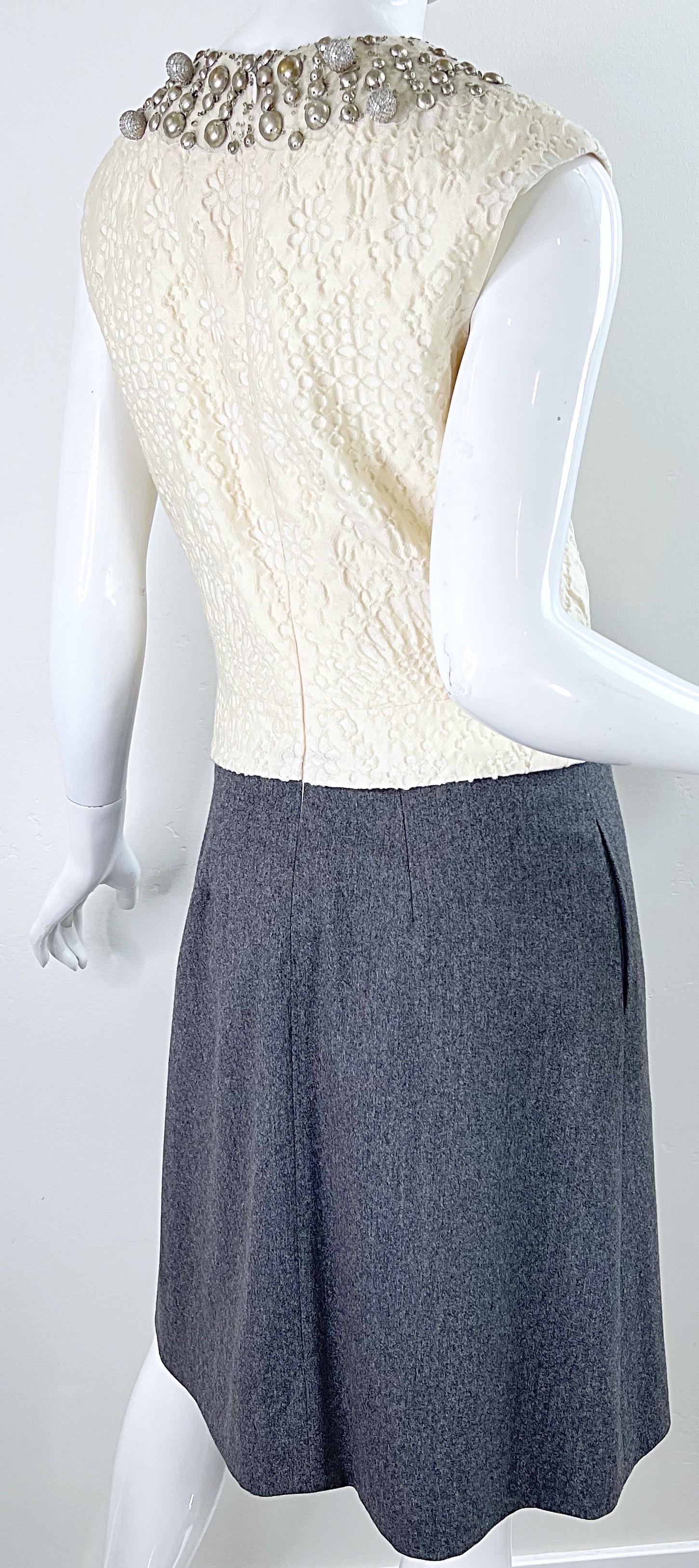 Bill Blass 1990s Does 1960s Size 6 Beaded Silk + Wool A Line Dress + Jacket Set For Sale 11