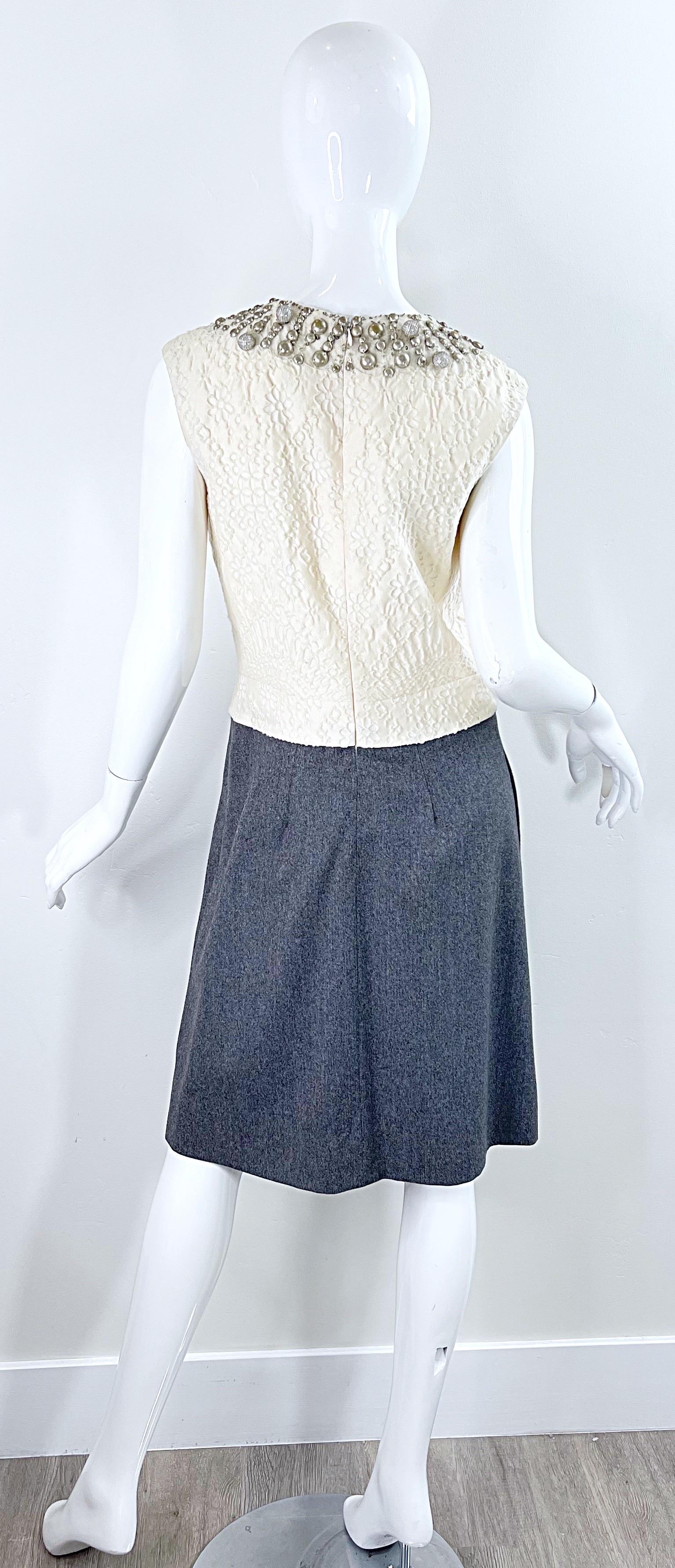 Bill Blass 1990s Does 1960s Size 6 Beaded Silk + Wool A Line Dress + Jacket Set For Sale 13
