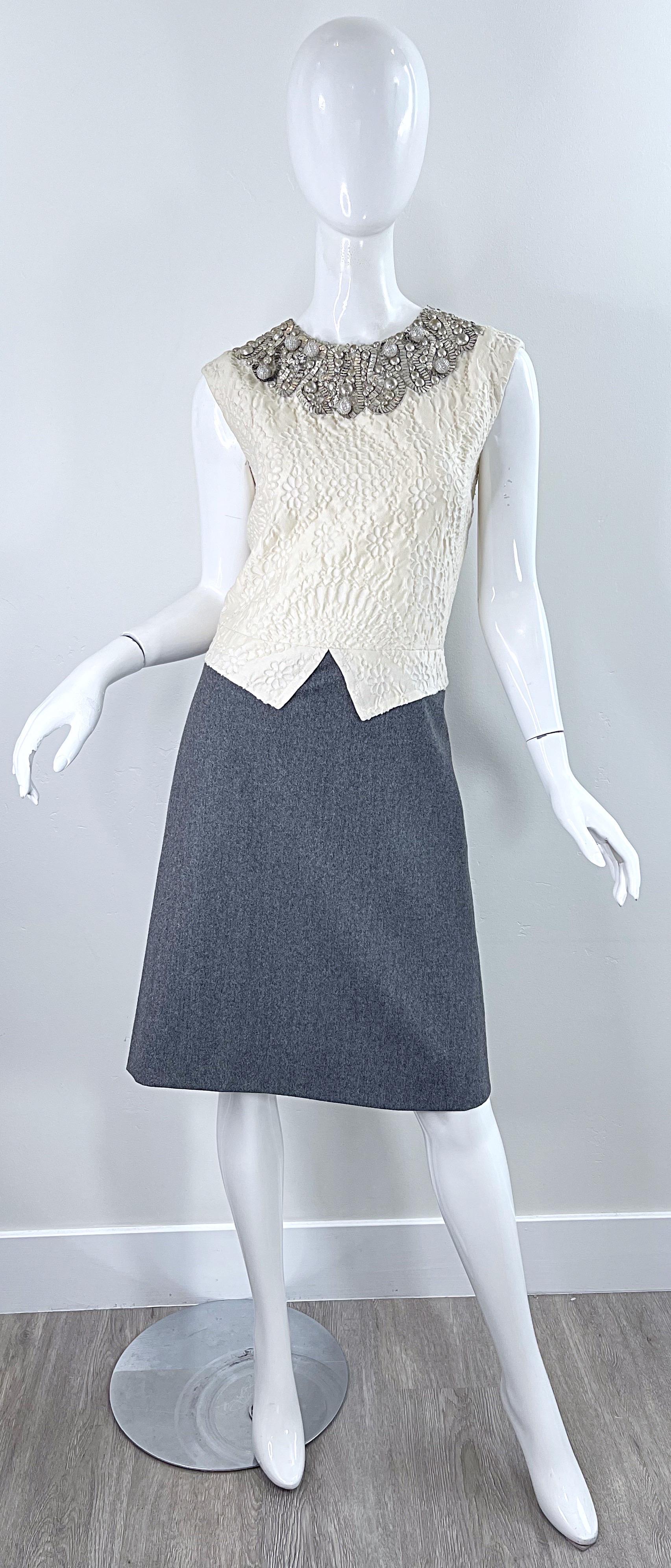 Bill Blass 1990s Does 1960s Size 6 Beaded Silk + Wool A Line Dress + Jacket Set For Sale 14