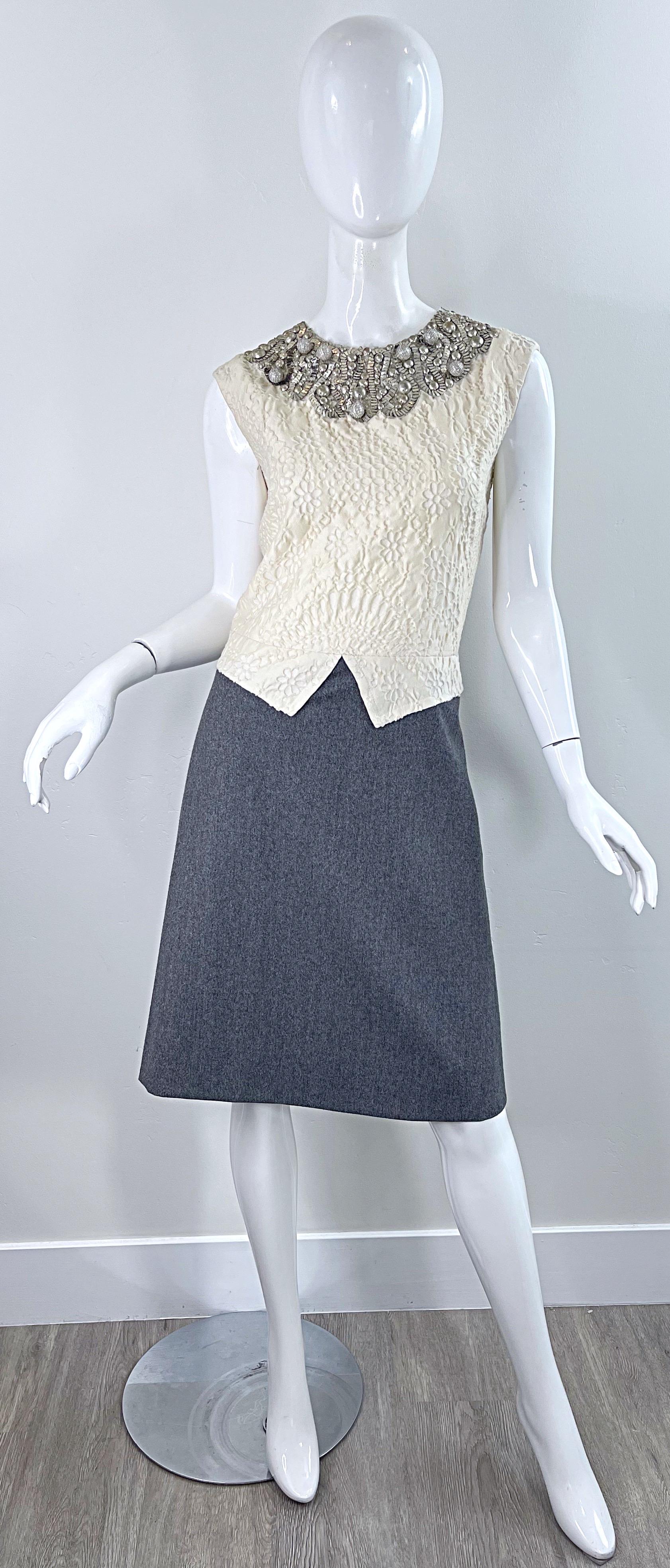 Gray Bill Blass 1990s Does 1960s Size 6 Beaded Silk + Wool A Line Dress + Jacket Set For Sale