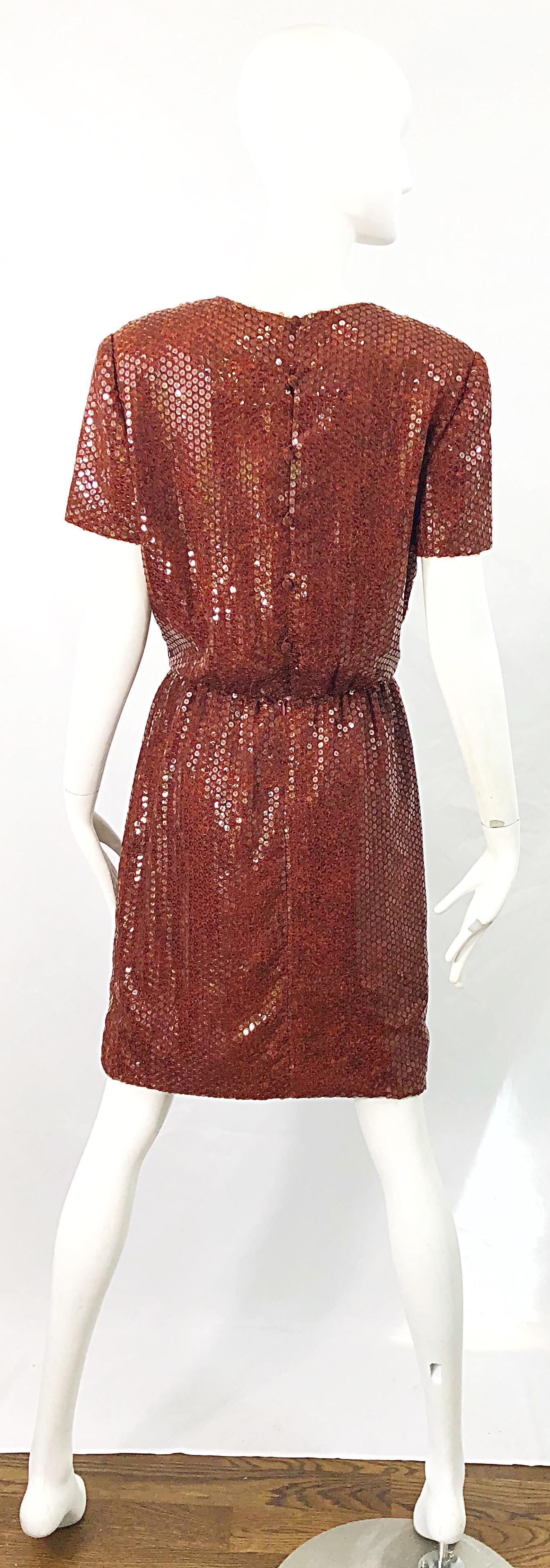 Bill Blass 1980s Tortoise Shell Print Brown Sequin Size 6 Vintage 80s Dress For Sale 7