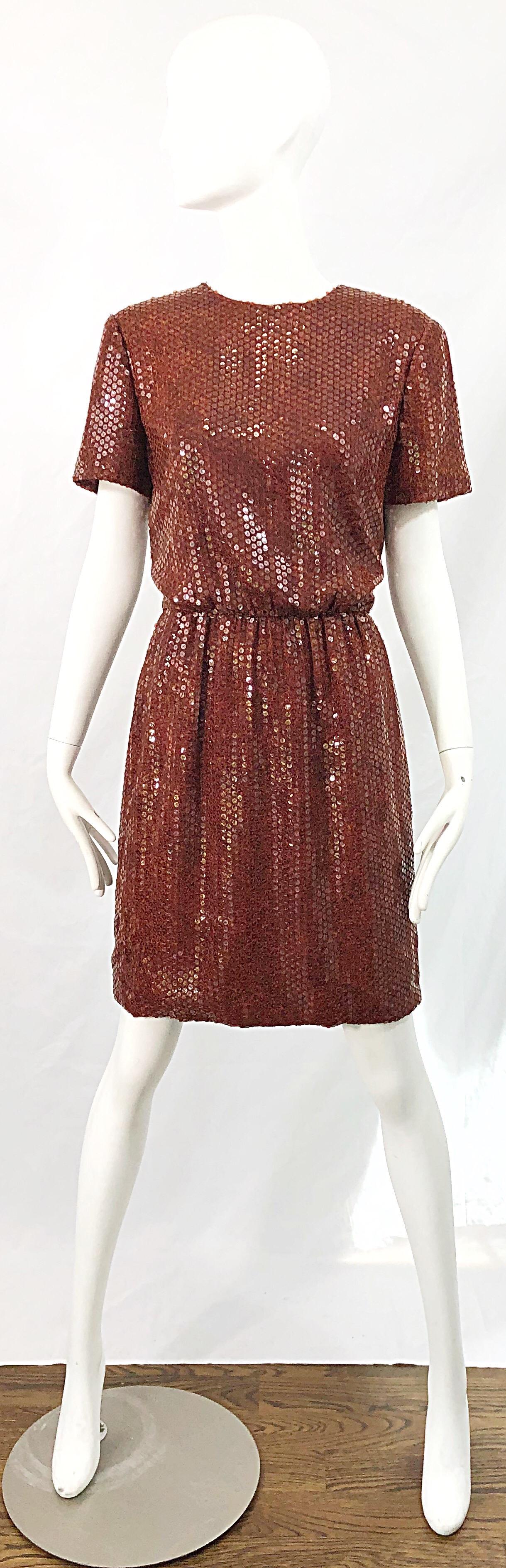 Beautiful and unique vintage late 80s BILL BLASS tortoise shell print fully sequined short sleeve silk dress ! I have never seen such unique and beautiful sequins; they are literally tortoise shell printed. At first, I assumed that the sequins were