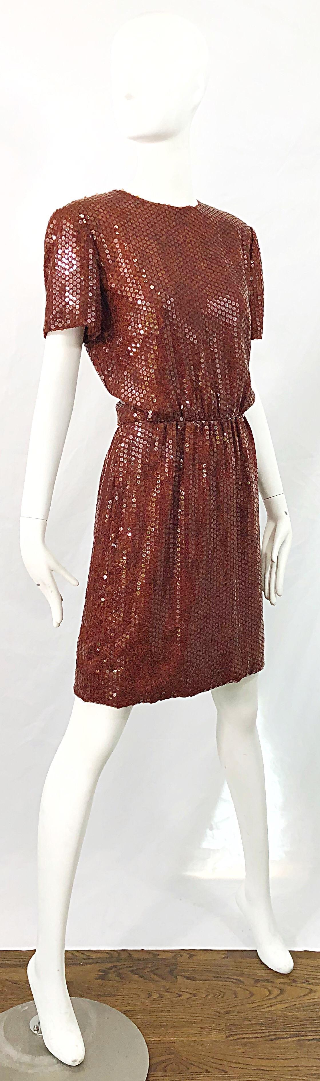 Bill Blass 1980s Tortoise Shell Print Brown Sequin Size 6 Vintage 80s Dress In Excellent Condition For Sale In San Diego, CA