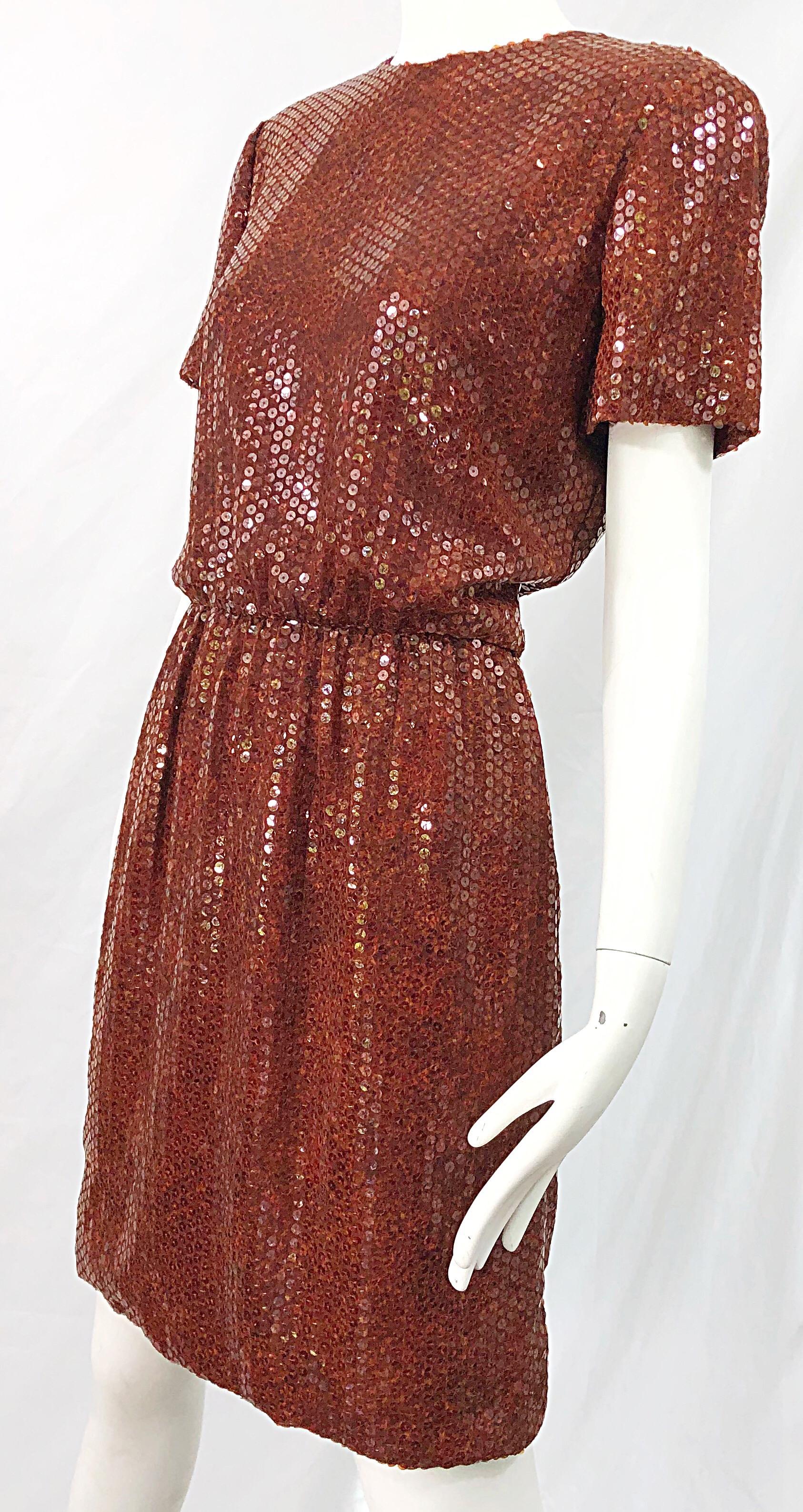 Bill Blass 1980s Tortoise Shell Print Brown Sequin Size 6 Vintage 80s Dress For Sale 1