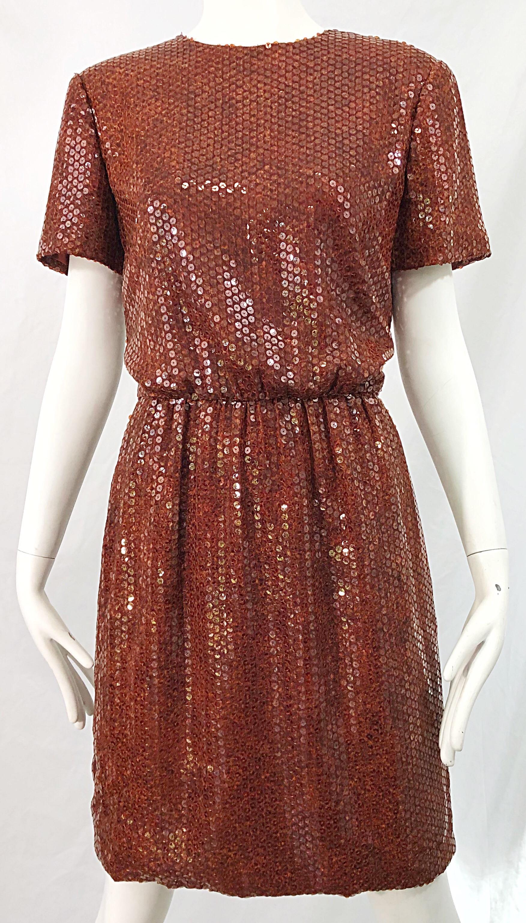 Bill Blass 1980s Tortoise Shell Print Brown Sequin Size 6 Vintage 80s Dress For Sale 2