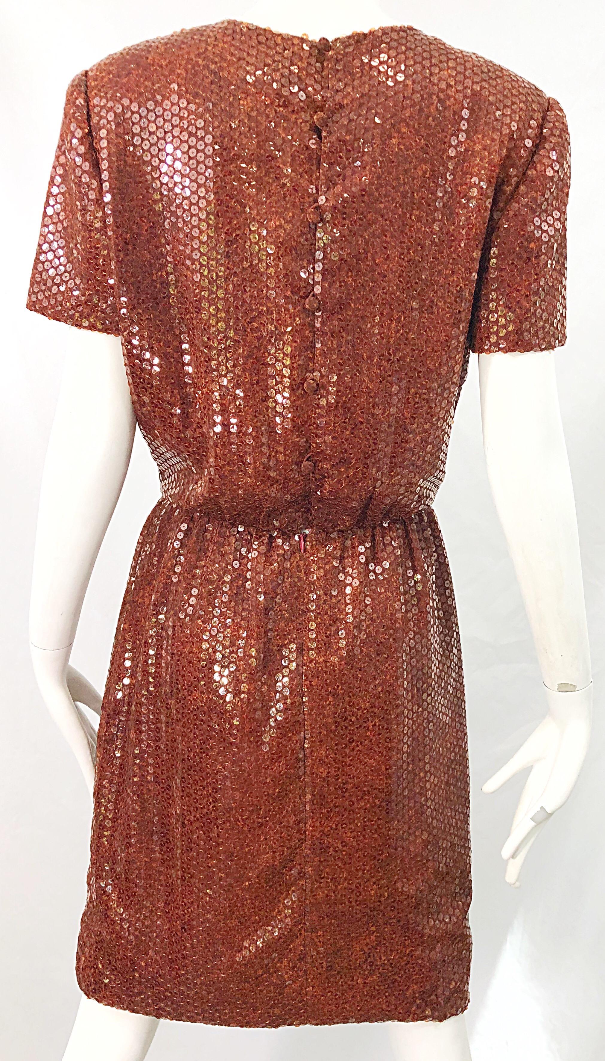 Bill Blass 1980s Tortoise Shell Print Brown Sequin Size 6 Vintage 80s Dress For Sale 3